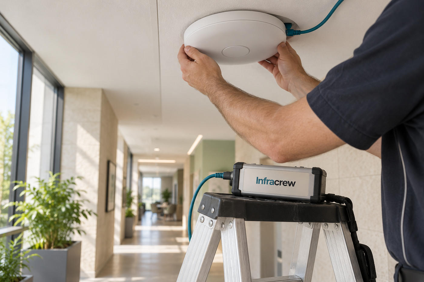 Técnico inspecciona un punto de acceso Wi-Fi circular en el techo de una oficina desde una escalera; el tester de cable de la bandeja lleva el wordmark Infracrew.