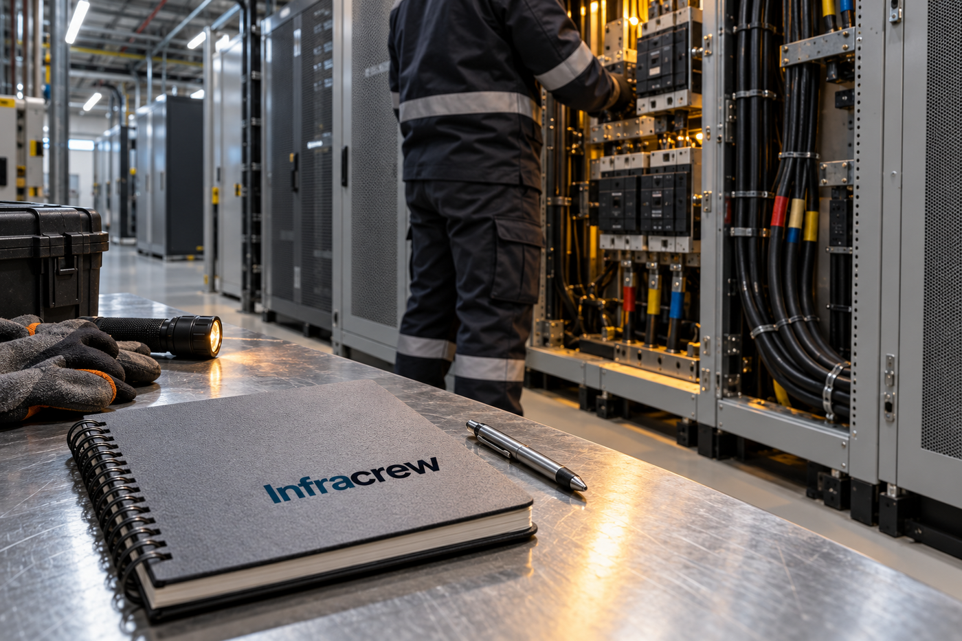 Técnico inspecciona un cuadro de distribución eléctrica en una sala de centro de datos, con un cuaderno de campo rotulado Infracrew en primer plano.