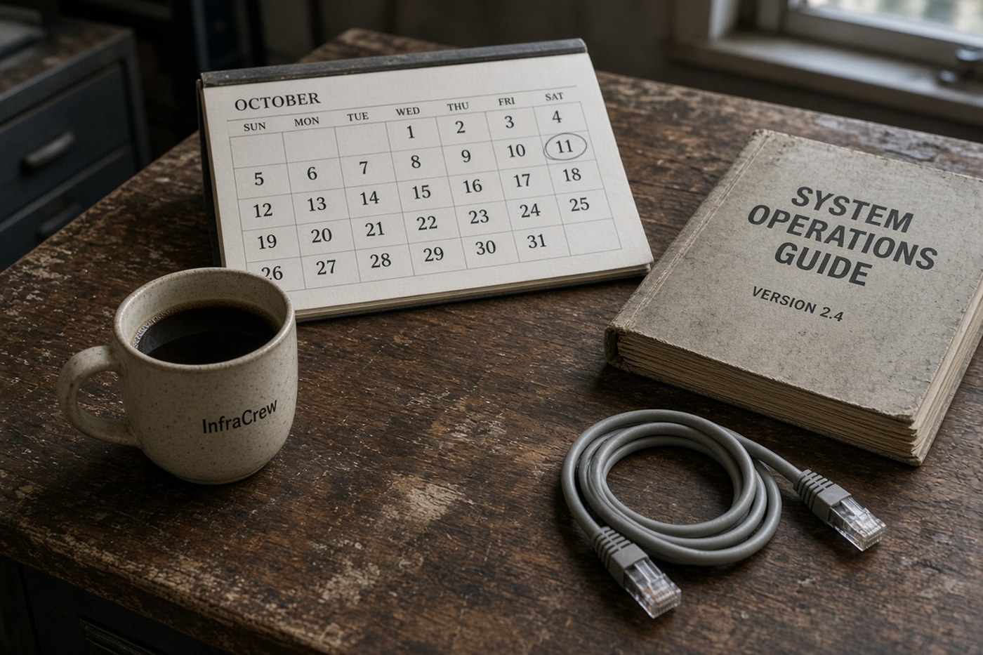 Calendario de octubre con el día 11 marcado, un manual viejo de sistemas y un latiguillo, taza con InfraCrew, el plazo del KEV.