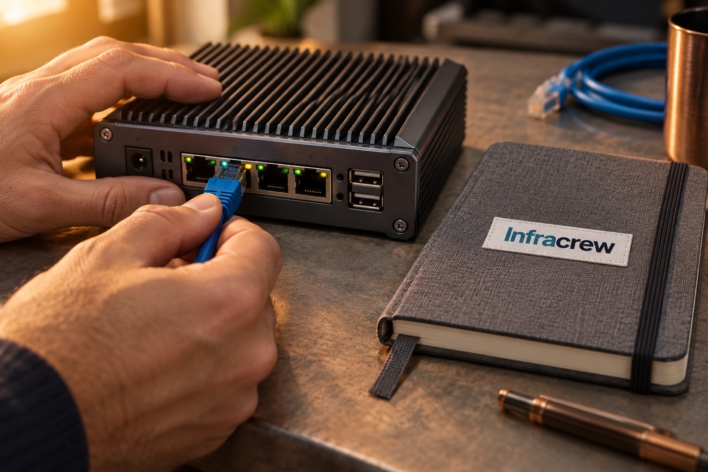 Un administrador conecta un cable Ethernet azul a un appliance de gateway sobre una mesa; su libreta de mantenimiento lleva una etiqueta Infracrew.