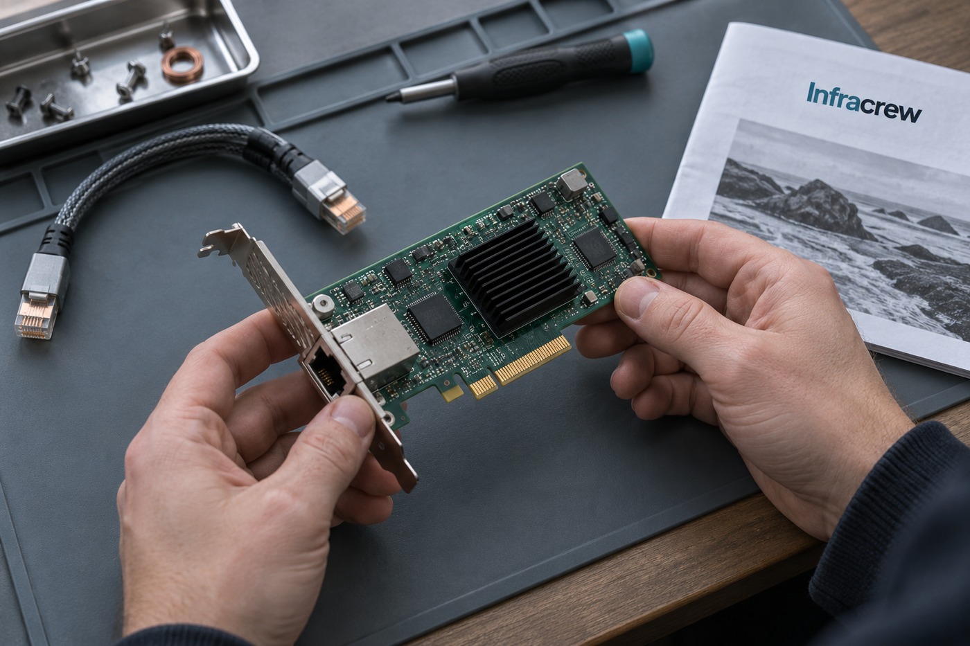Manos revisan una tarjeta de red Ethernet sobre una alfombrilla antiestática, con cables y una hoja de trabajo que lleva el wordmark Infracrew.