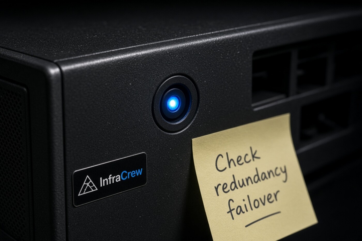 Detalle macro del borde de un appliance oscuro con un LED circular iluminado y una nota manuscrita, con distintivo InfraCrew, representando la interfaz web explotada de FortiMail.