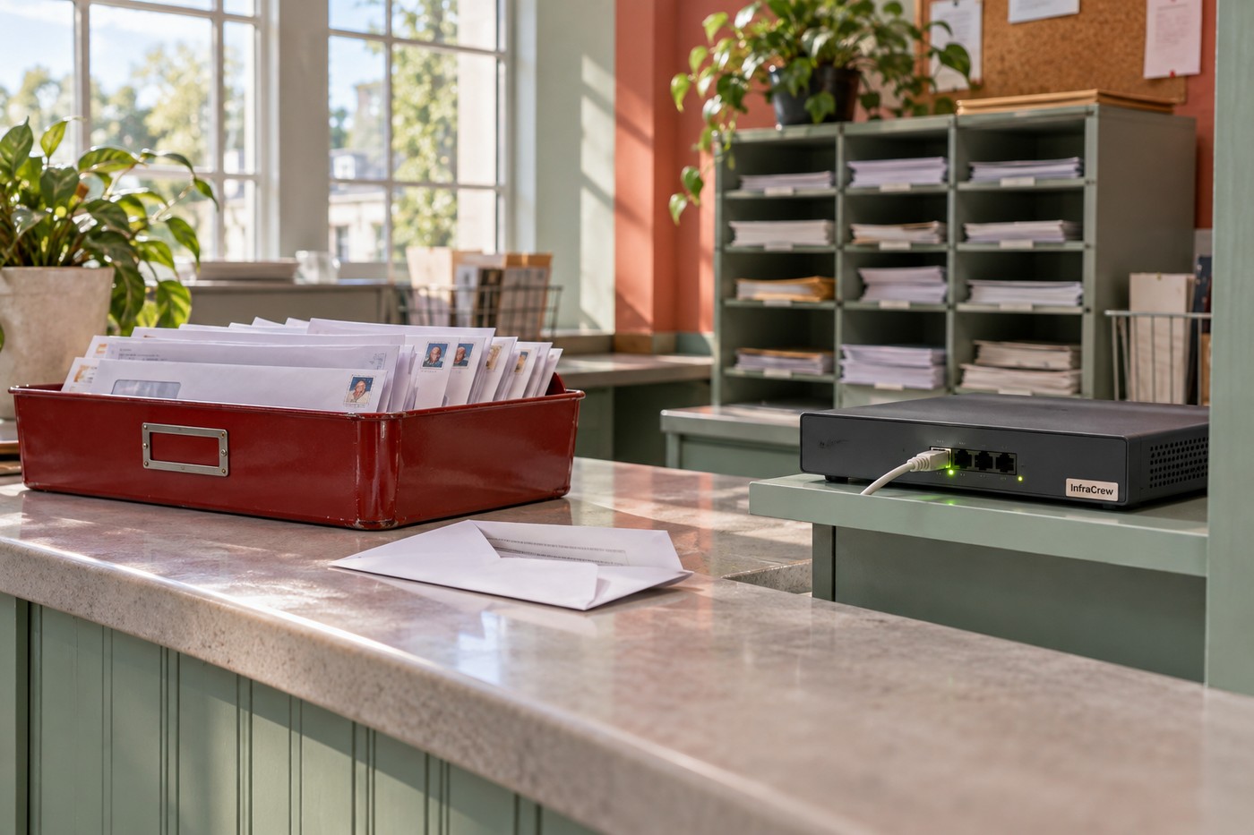 Una bandeja roja con sobres junto a una pasarela compacta de seguridad de correo con luces de enlace, en una sala de clasificación vacía.