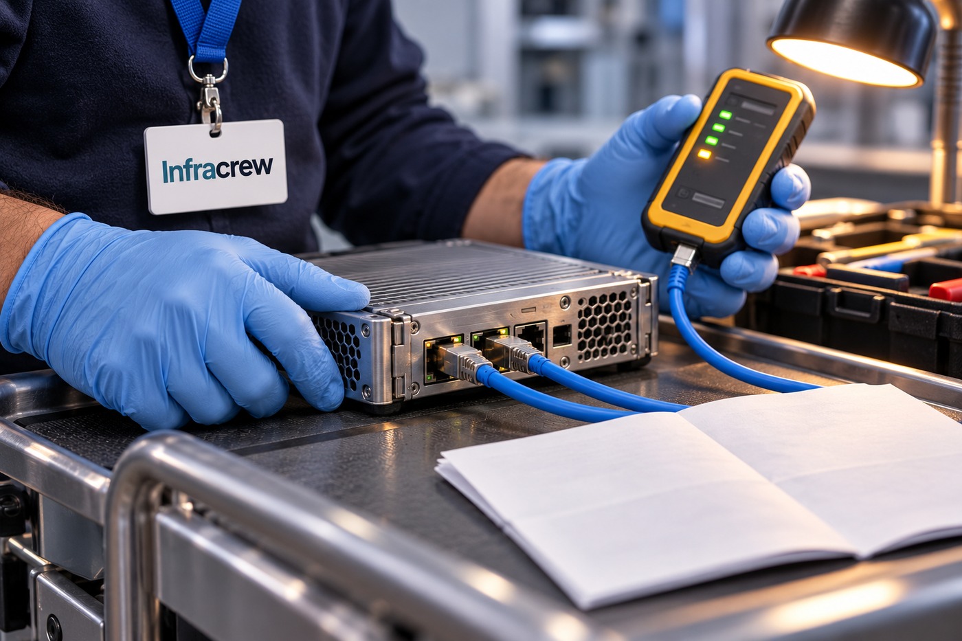 Manos con guantes inspeccionan un nodo compacto y conectan latiguillos Ethernet mientras usan un comprobador; el técnico lleva un distintivo Infracrew.