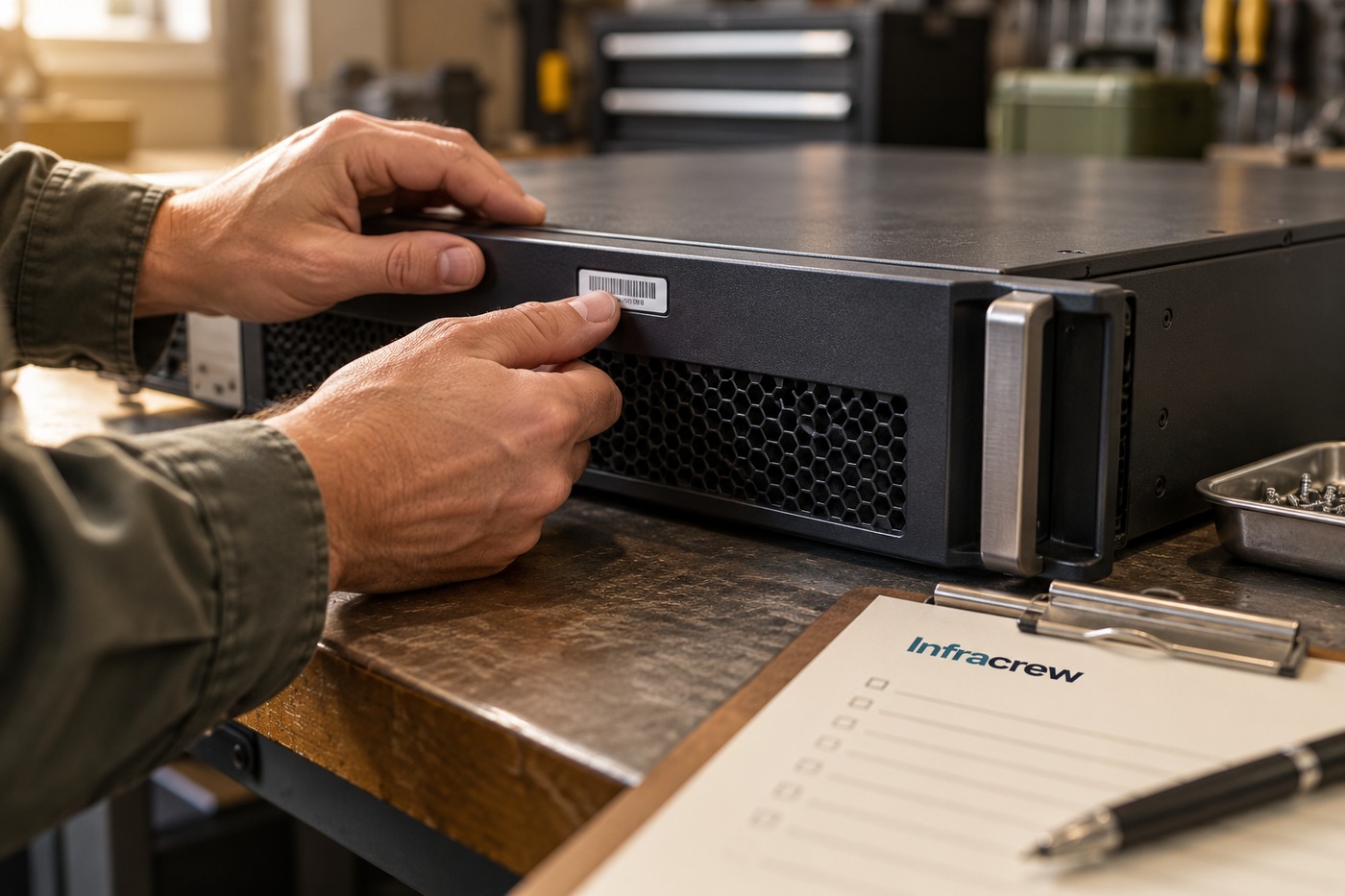 Manos de un técnico inspeccionan la etiqueta de un appliance de backup sobre una mesa; una hoja de mantenimiento con el wordmark Infracrew queda en primer plano.