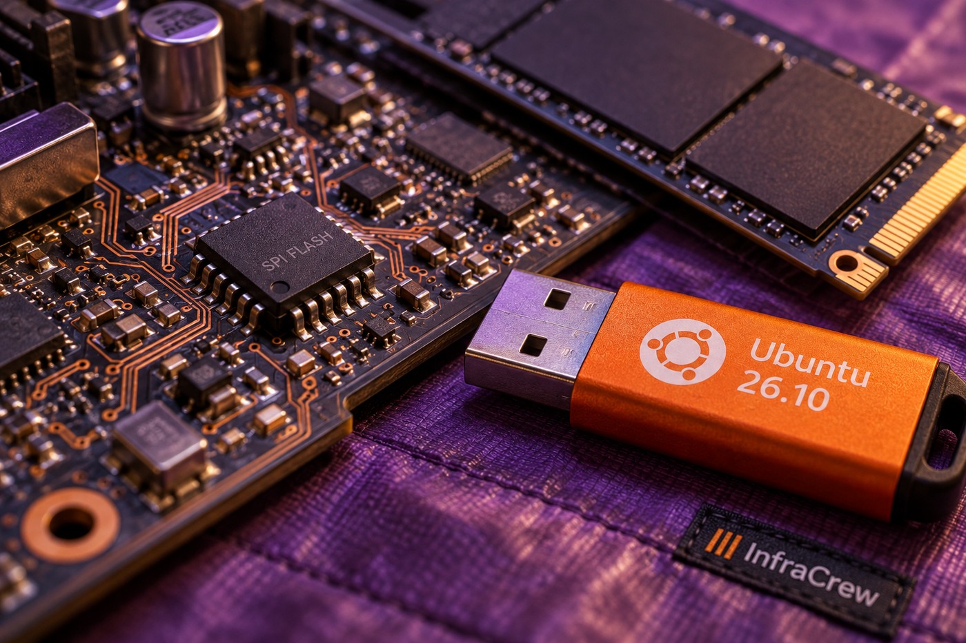 Memoria USB naranja rotulada Ubuntu 26.10 junto a un chip SPI Flash y un SSD sobre una superficie violeta con una pequeña etiqueta InfraCrew.