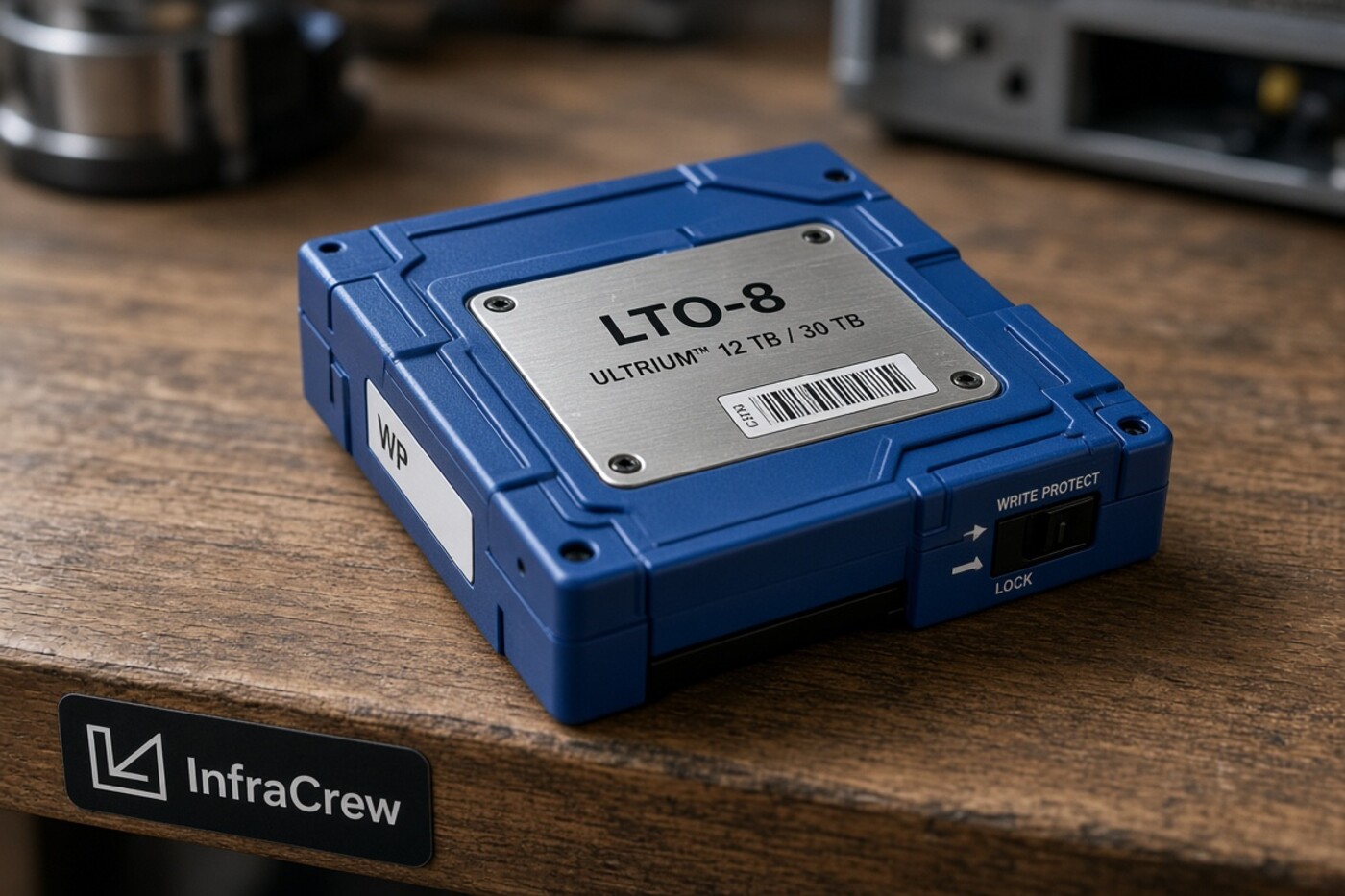 Cartucho de cinta LTO azul sobre una mesa de madera, con etiqueta metálica y distintivo InfraCrew, representando el backup afectado por la RCE del rol Backup Viewer.