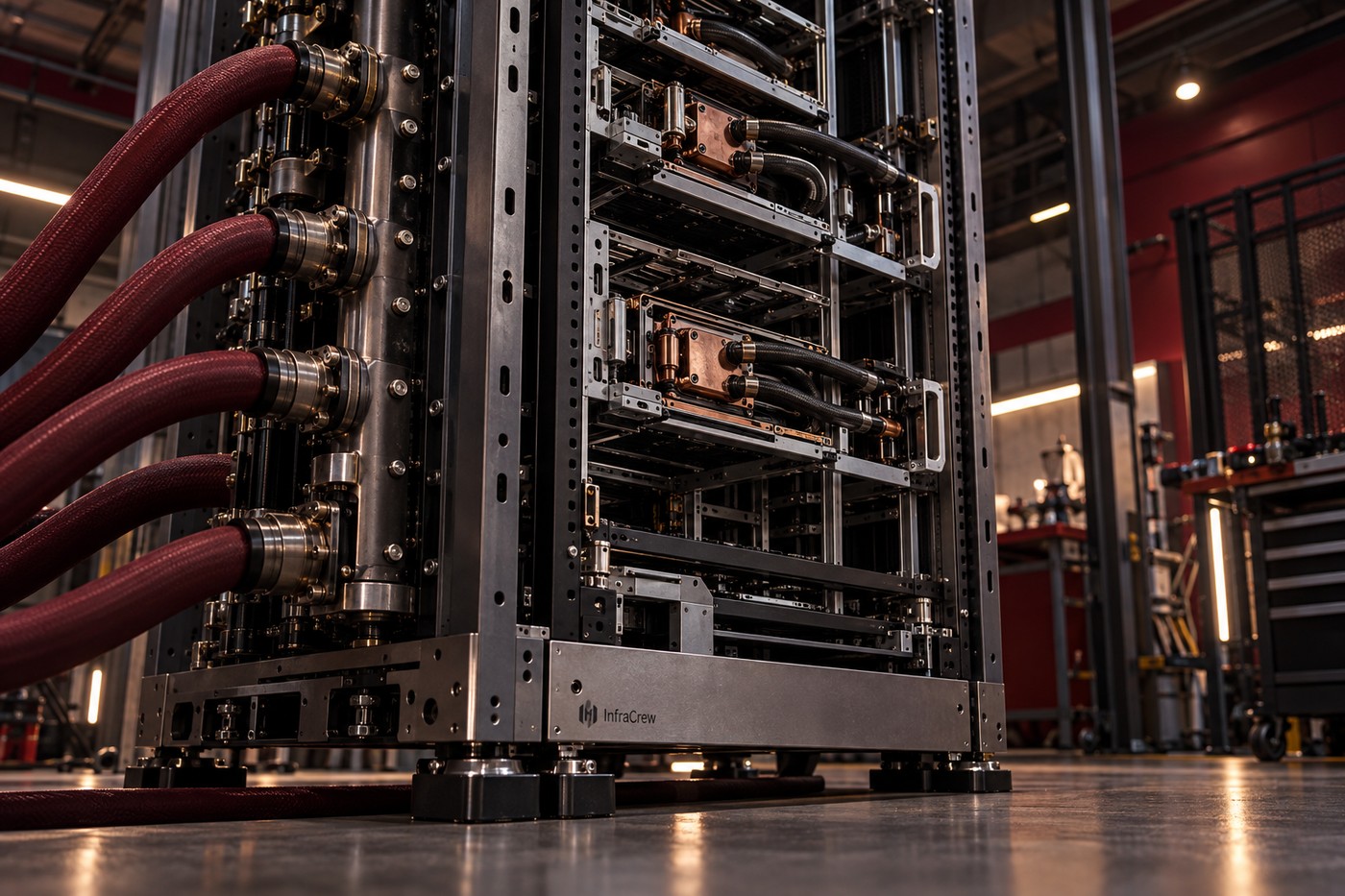 Prototipo de rack abierto con bandejas de cómputo y gruesas mangueras de refrigeración líquida en un banco de pruebas; muestra un diseño de infraestructura aún en desarrollo.