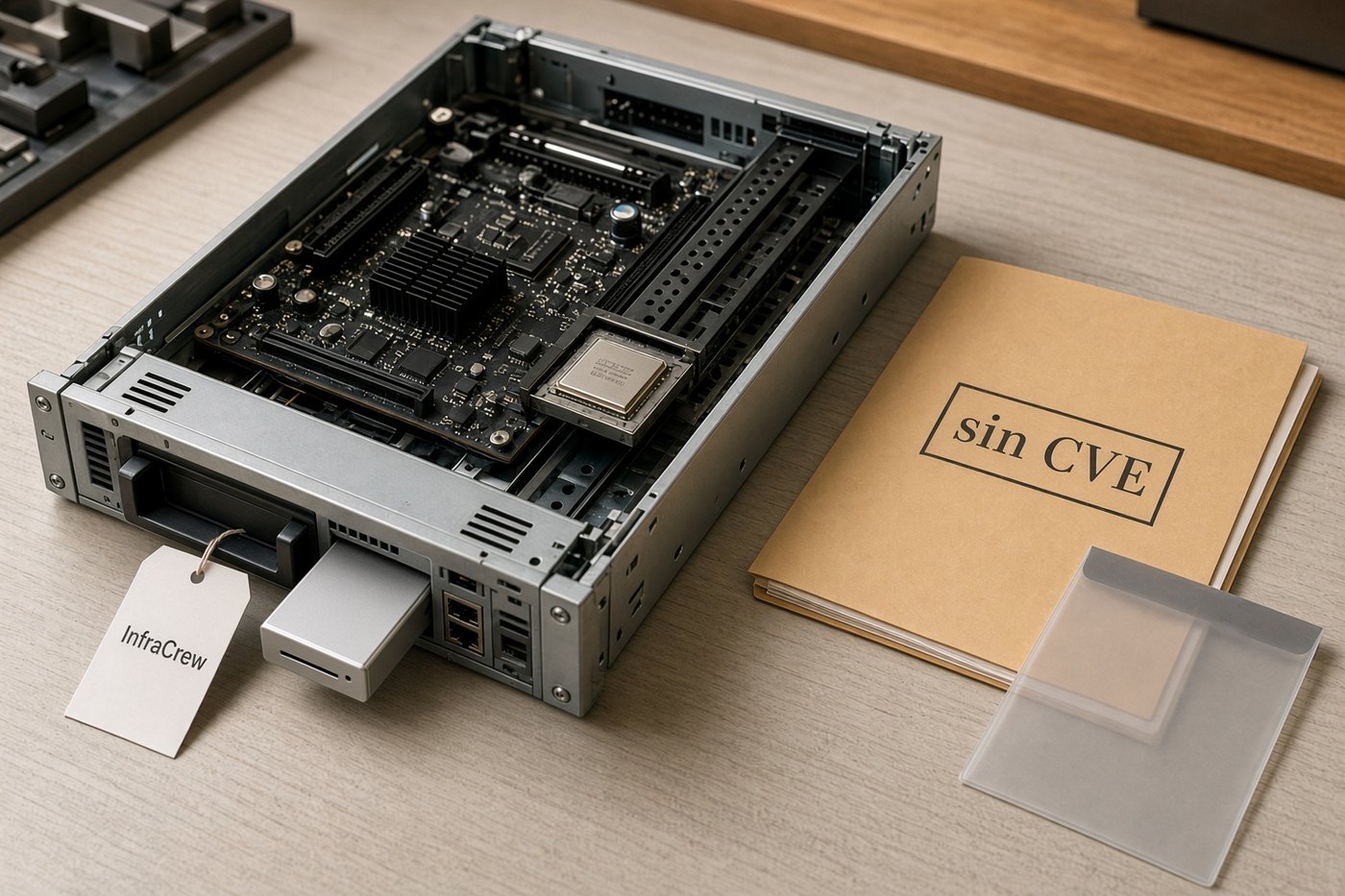 Chasis de host abierto con una microVM a medio salir de la bahía y una carpeta marcada sin CVE, con una etiqueta InfraCrew en el asa.