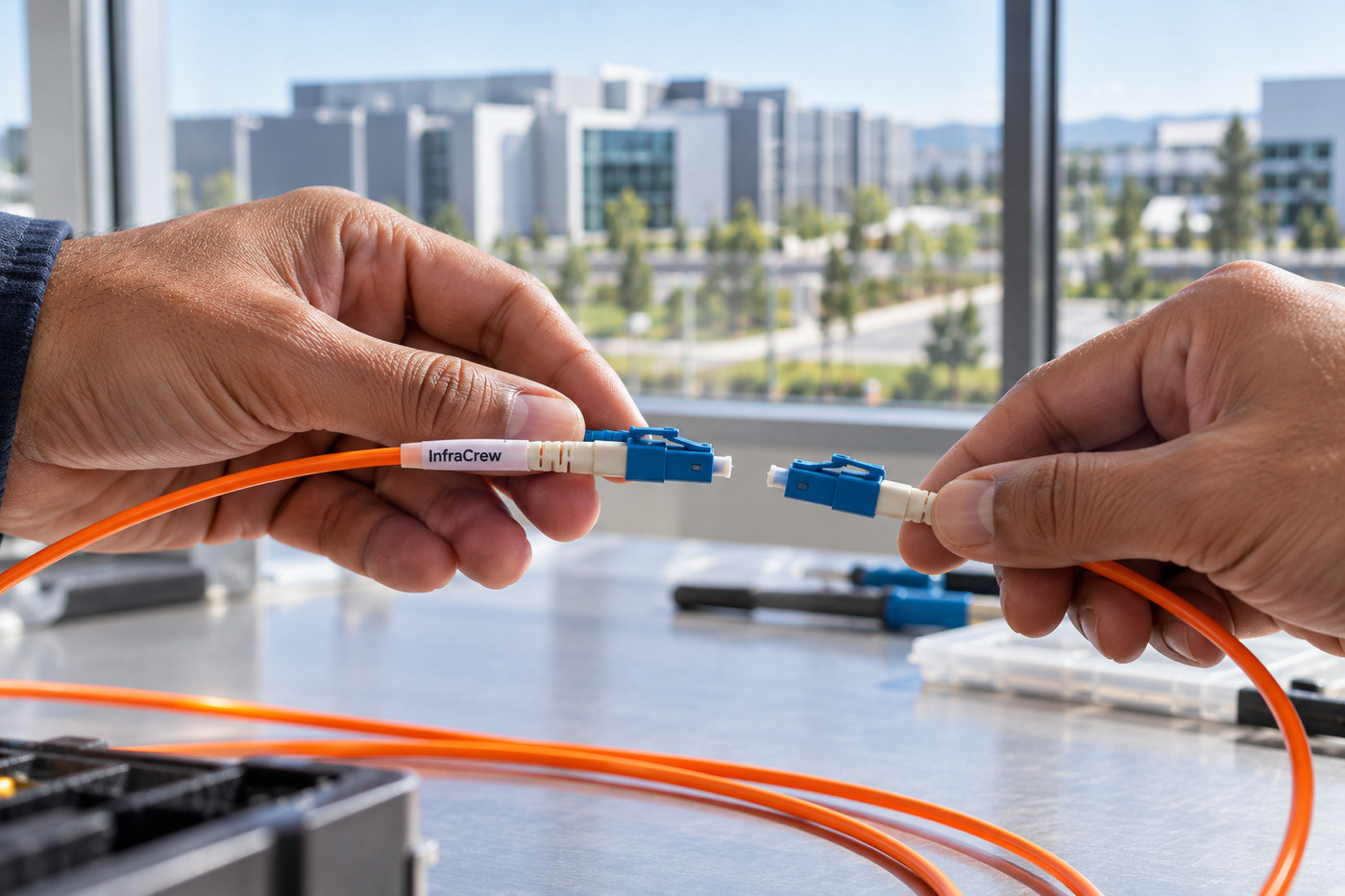 Dos manos unen conectores de fibra monomodo sobre un banco de integración, con un campus de datos desenfocado al fondo; ilustra la integración del servicio ONTAP nativo con OCI. InfraCrew aparece impreso en la funda del cable naranja.