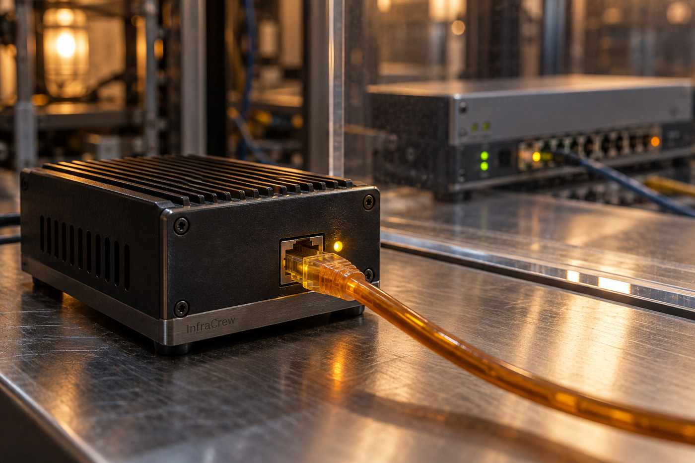 Sensor de honeypot conectado por Ethernet en un laboratorio de seguridad, con un gateway de red desenfocado al fondo; ilustra las sondas SSRF detectadas contra SMA1000. InfraCrew aparece grabado discretamente en el borde del sensor.