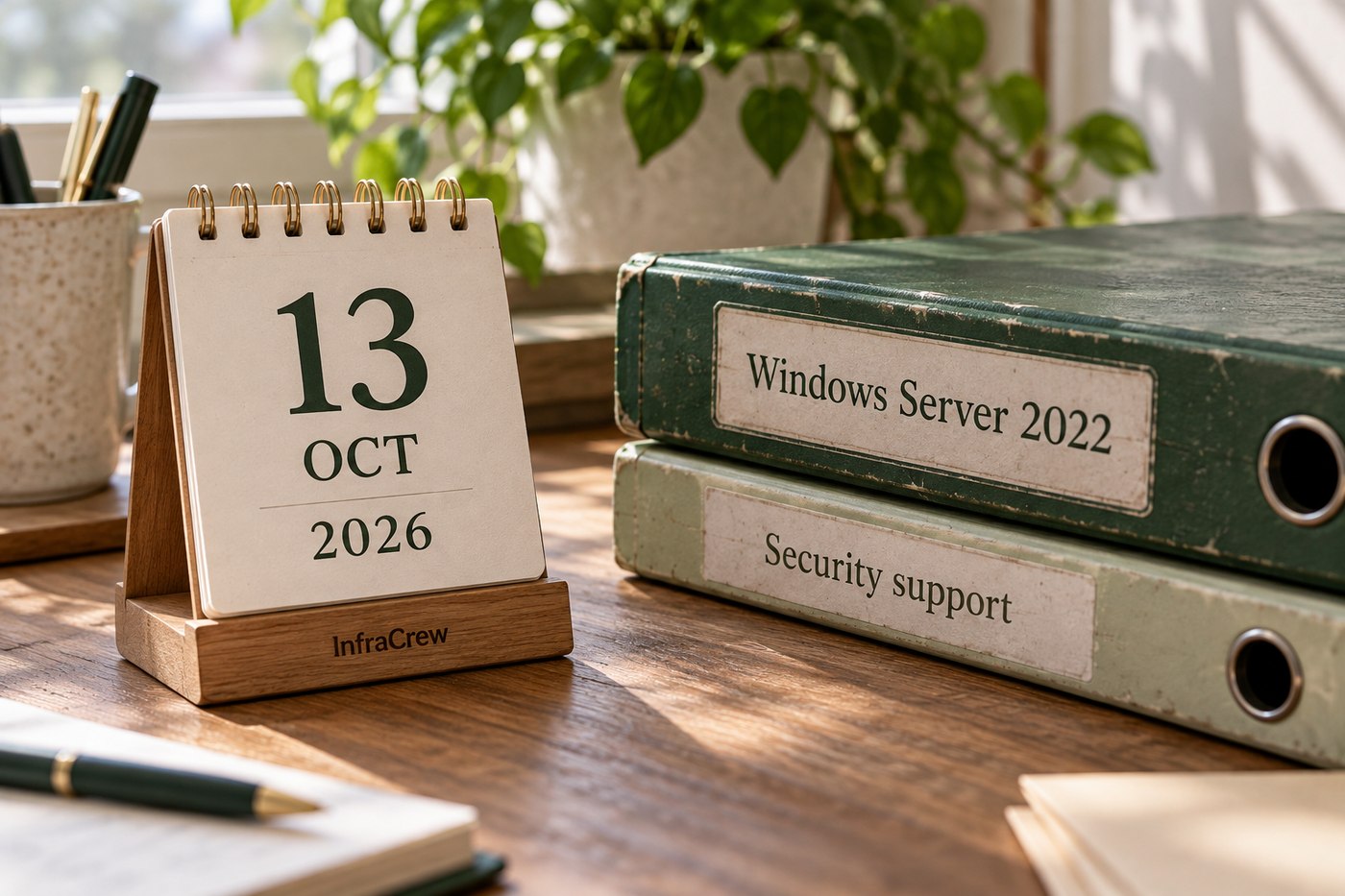 Calendario físico con el 13 de octubre de 2026 junto a archivadores de Windows Server 2022 y soporte de seguridad; distintivo InfraCrew en la base de madera.