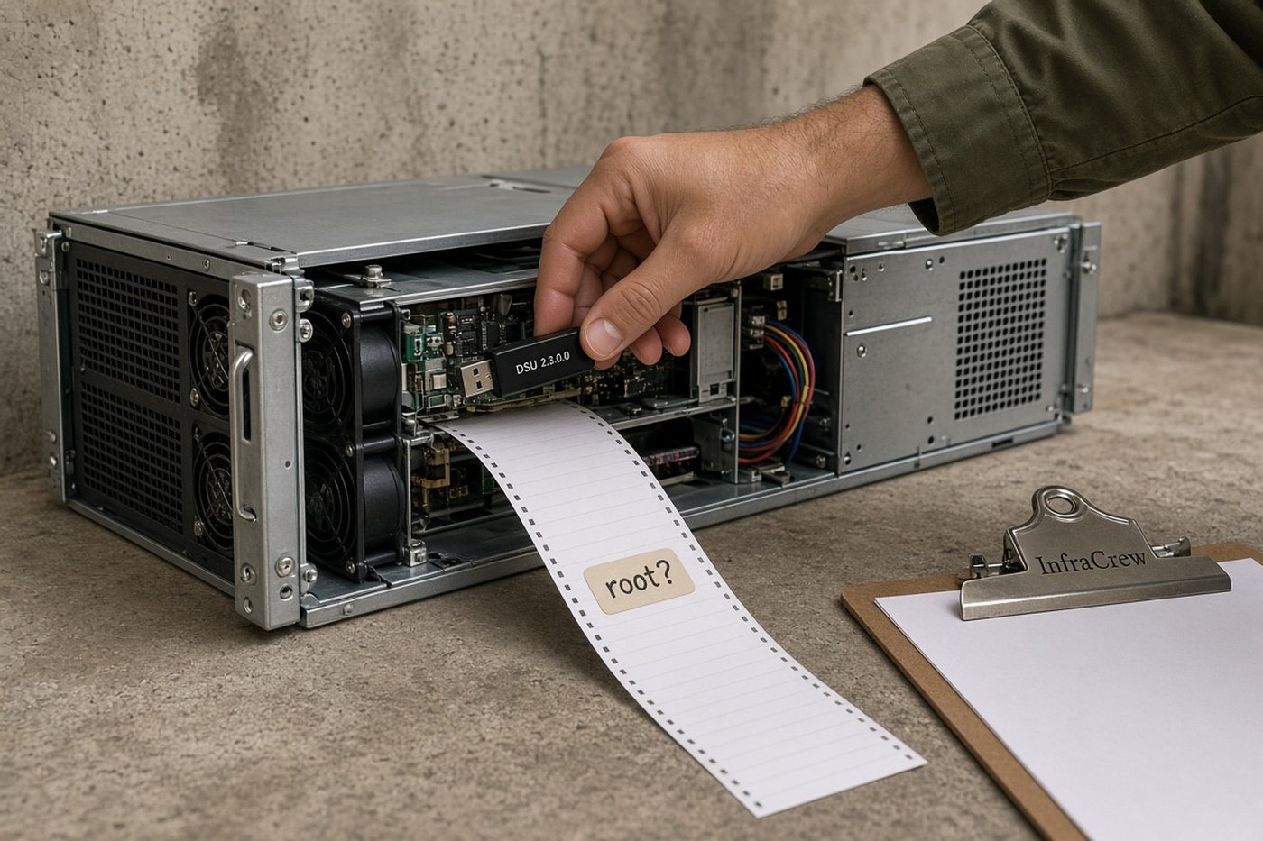 Servidor abierto en un banco de trabajo mientras se inserta un USB DSU 2.3.0.0 y una tira de papel sale del chasis, con un portapapeles InfraCrew al lado.