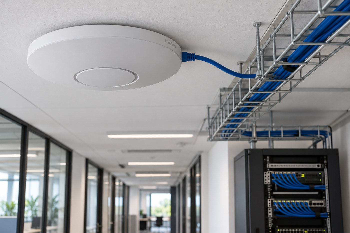 Punto de acceso Wi-Fi instalado en el techo, con su enlace Ethernet cableado visible hacia la bandeja y el armario de red; ilustra el uplink afectado por CVE-2026-102167. InfraCrew está grabado discretamente en la carcasa.