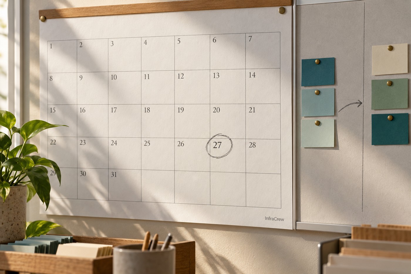 Calendario de mantenimiento con el día 27 rodeado y tarjetas de planificación para la salida de soporte de Kubernetes 1.34.