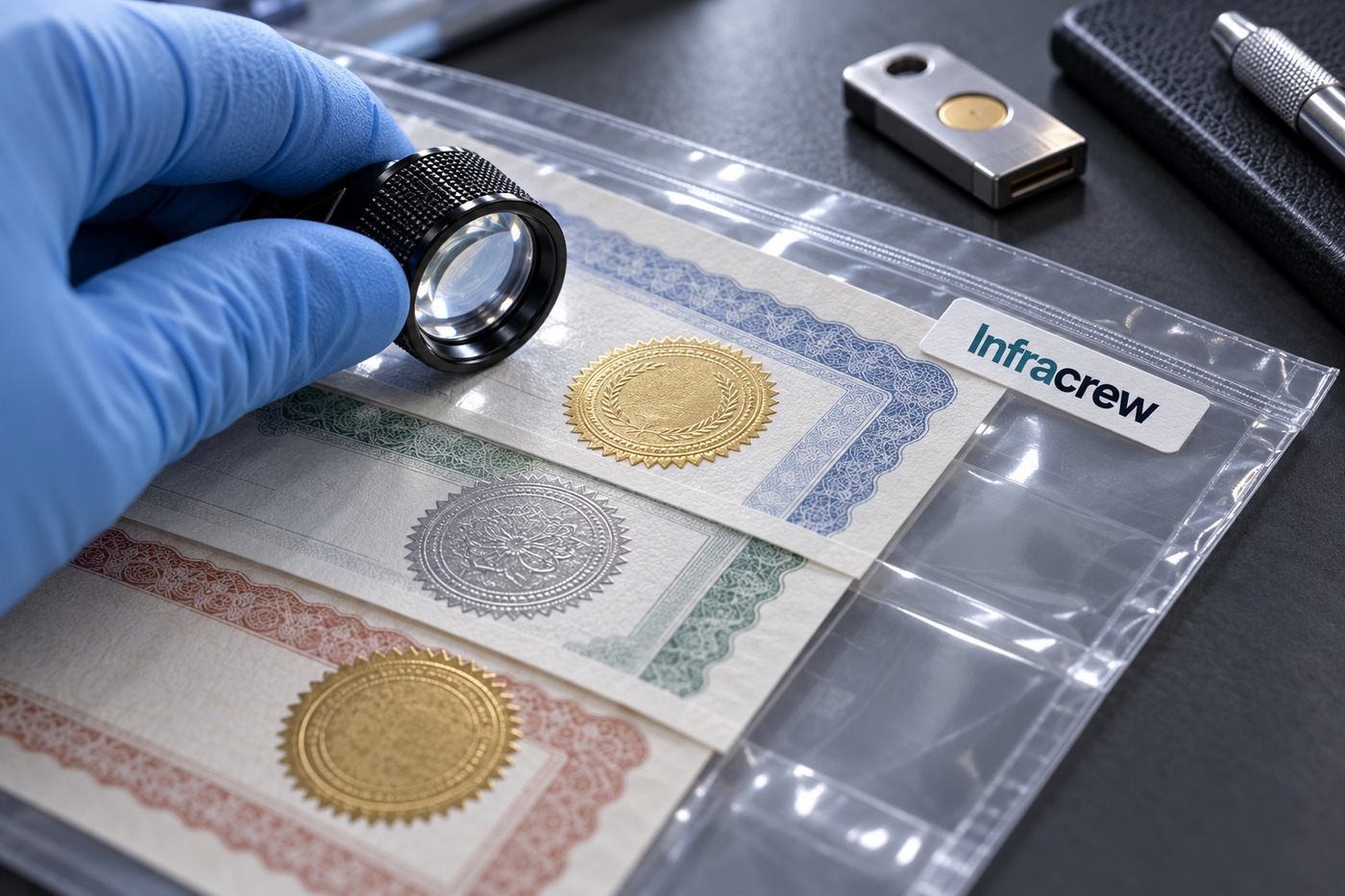 Una mano enguantada examina con una lupa tres certificados de papel dentro de una funda transparente; al fondo hay un token USB de seguridad.