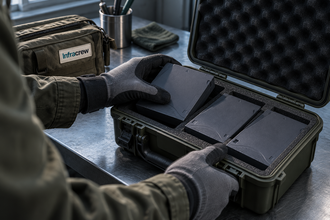 Manos enguantadas colocan un cartucho de cinta de backup en un estuche protector junto a otros dos cartuchos; una bolsa de herramientas lleva la etiqueta Infracrew.