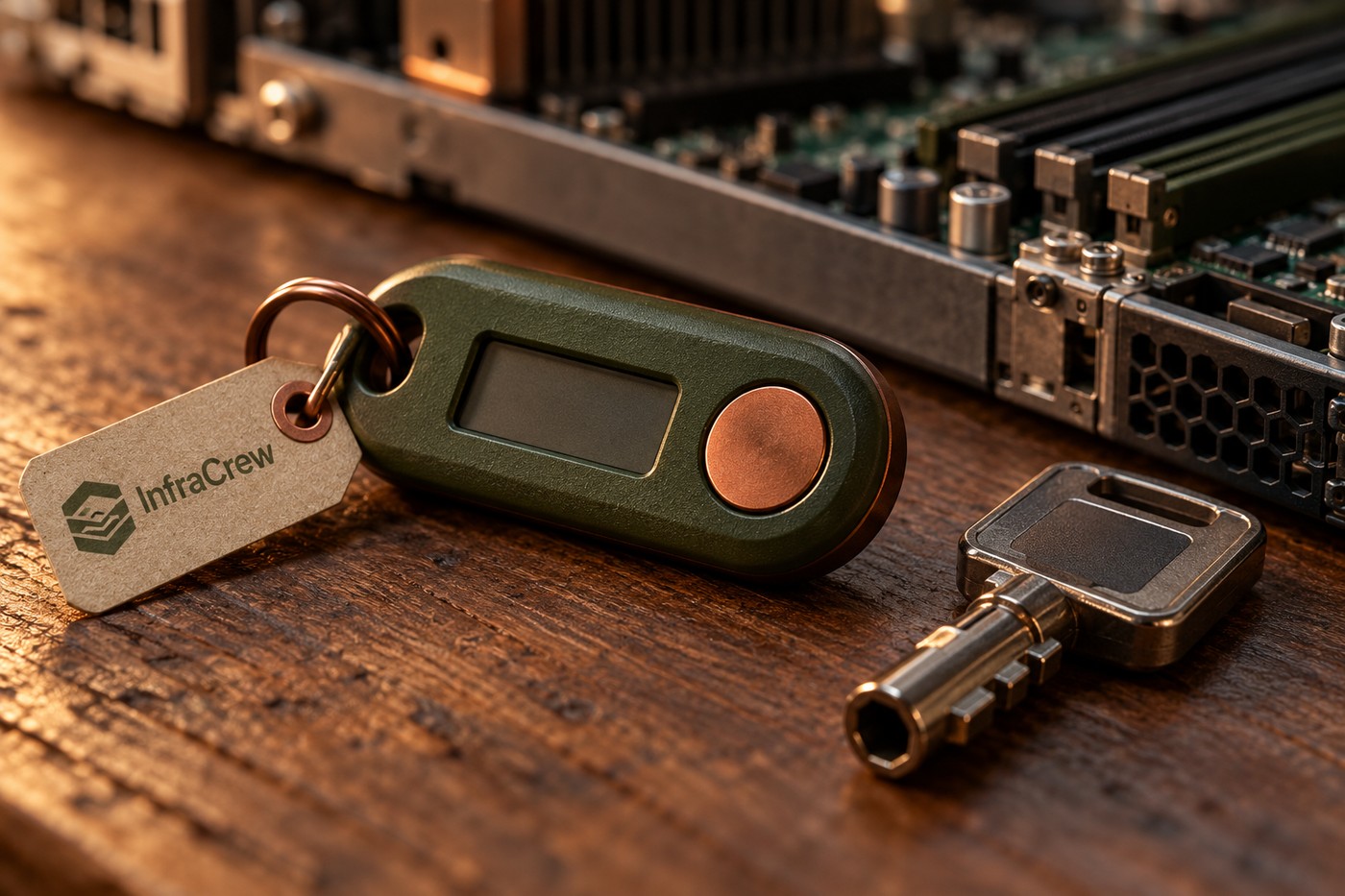 Token físico de autenticación multifactor y llave de acceso sobre una mesa, con una placa de servidor desenfocada al fondo y una etiqueta de InfraCrew.