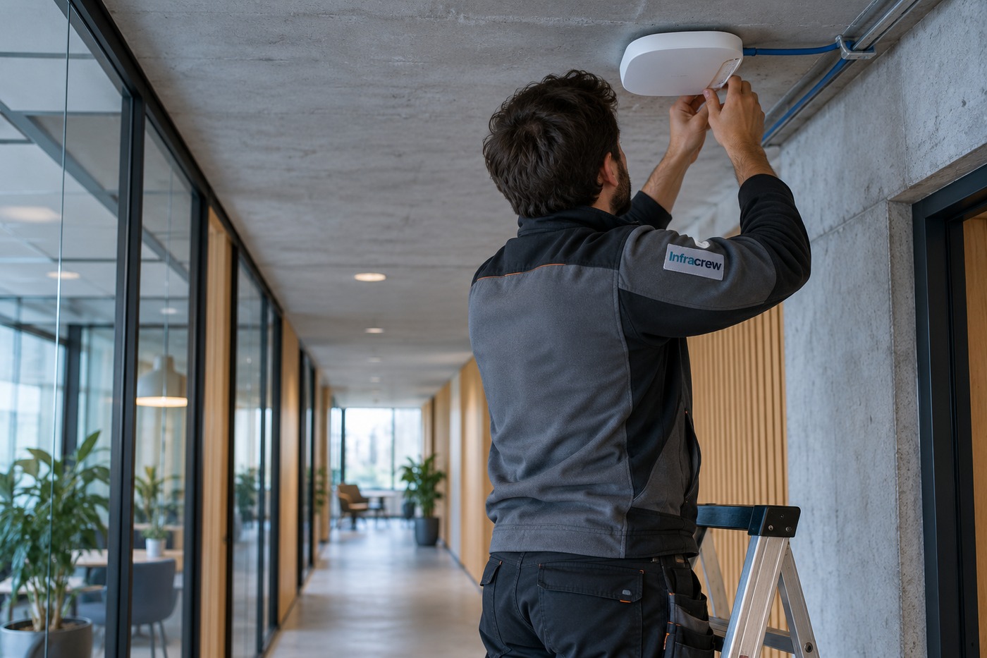Un técnico inspecciona un punto de acceso inalámbrico instalado en el techo de un pasillo de oficinas; el wordmark Infracrew aparece en el parche de su chaqueta.