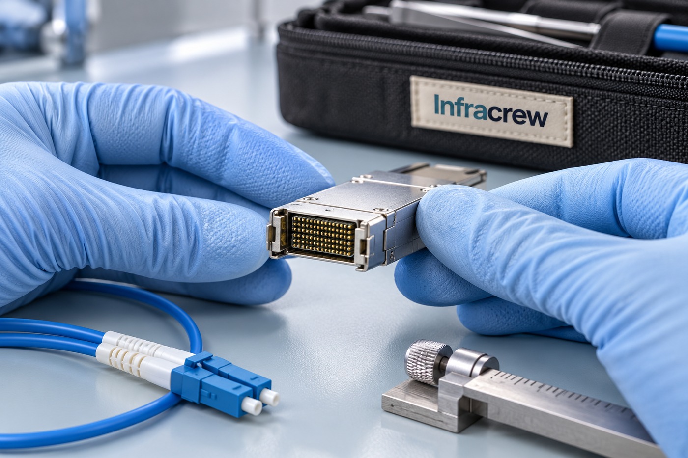 Manos con guantes sostienen un transceptor óptico junto a un conector de fibra sobre una mesa de pruebas; una bolsa de herramientas lleva la etiqueta Infracrew.