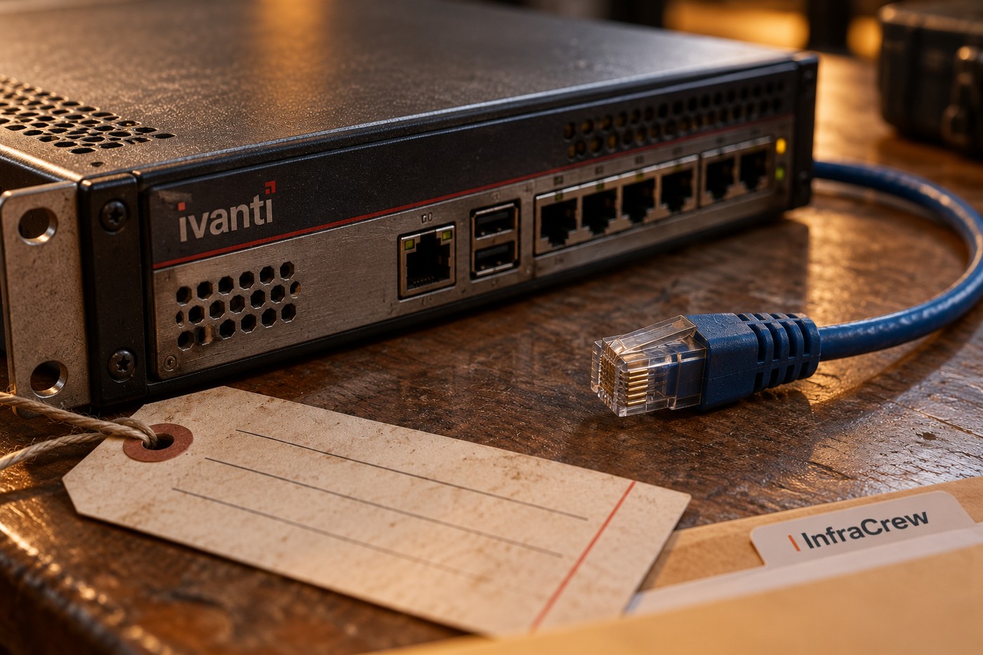 Appliance negro de acceso seguro Ivanti sobre una mesa de análisis, con un cable Ethernet desconectado y una etiqueta de InfraCrew en primer plano.