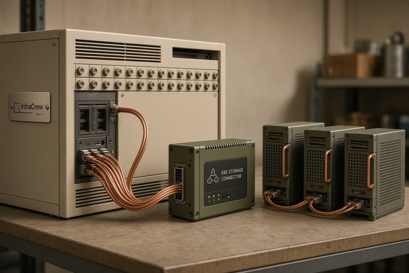 Conector de almacenamiento para Kubernetes unido a una cabina, con una etiqueta InfraCrew en el asa del array.