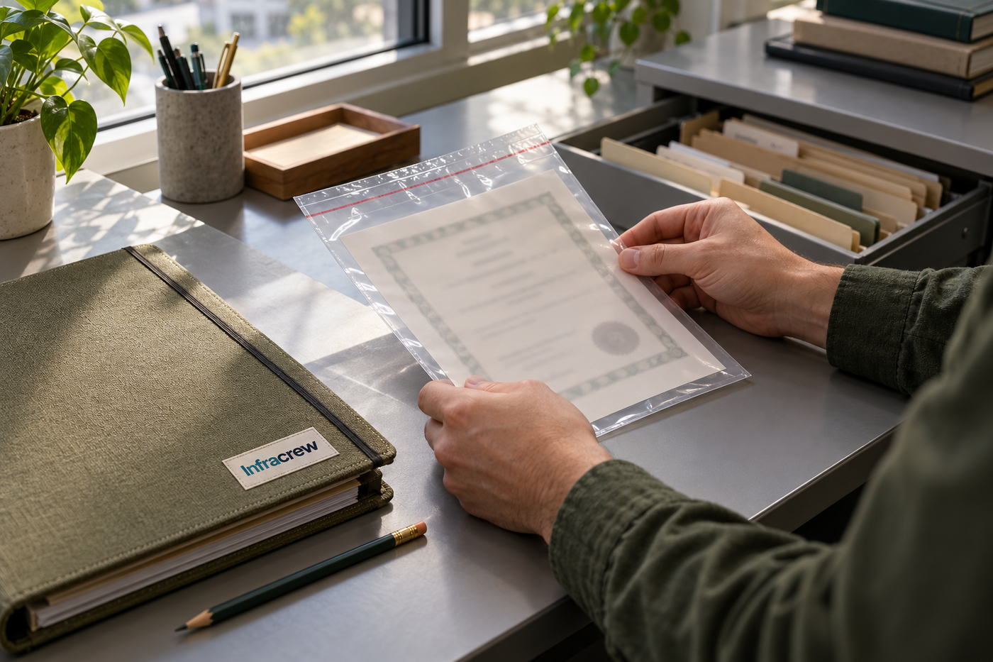 Manos revisan una hoja de certificado dentro de una funda transparente junto a una carpeta de mantenimiento con la etiqueta Infracrew.