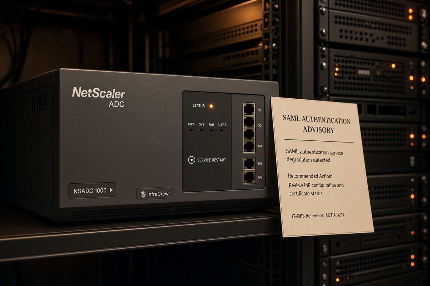 Appliance NetScaler ADC con indicador de reinicio de servicio y un aviso de autenticación SAML, con una placa pequeña de InfraCrew en el frontal.