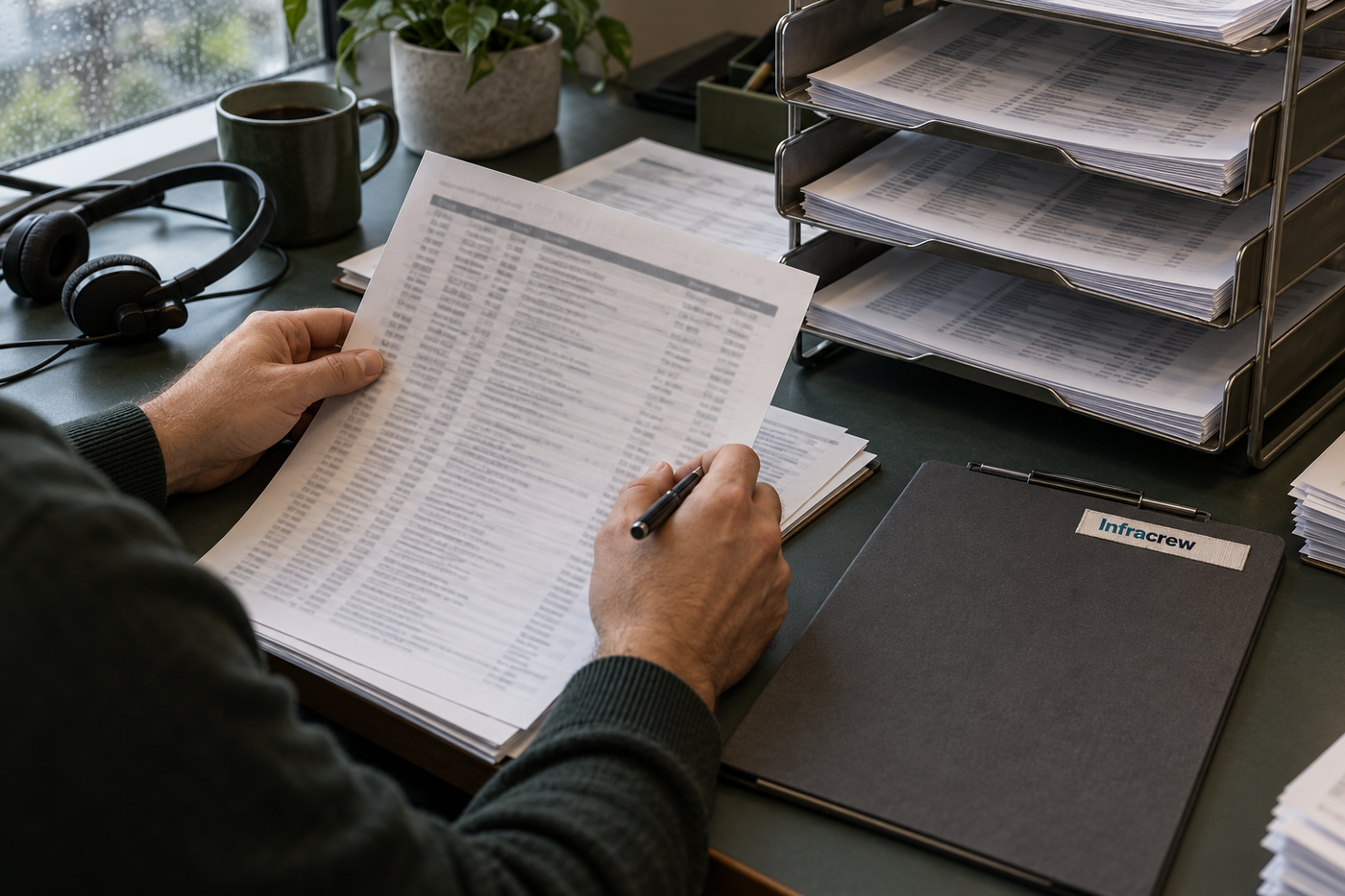 Un administrador compara hojas impresas de registros con una bandeja metálica llena de informes de cola de correo; el portapapeles cerrado lleva una etiqueta horizontal Infracrew.