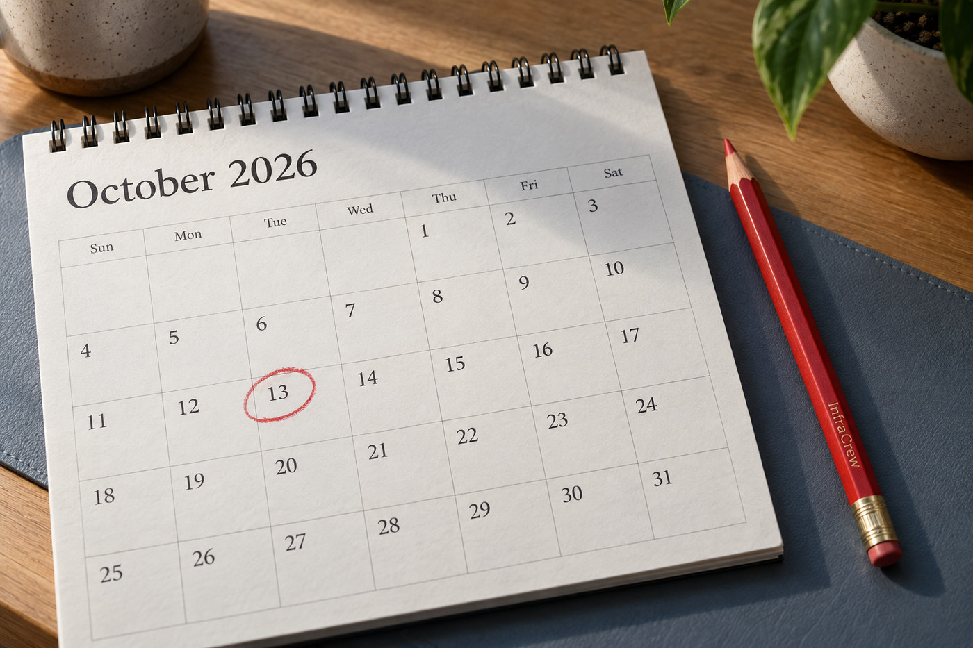 Calendario de escritorio de octubre de 2026 con el martes 13 rodeado a lápiz rojo; representa la fecha prevista para los patch releases de Kubernetes. InfraCrew está grabado en el lápiz.
