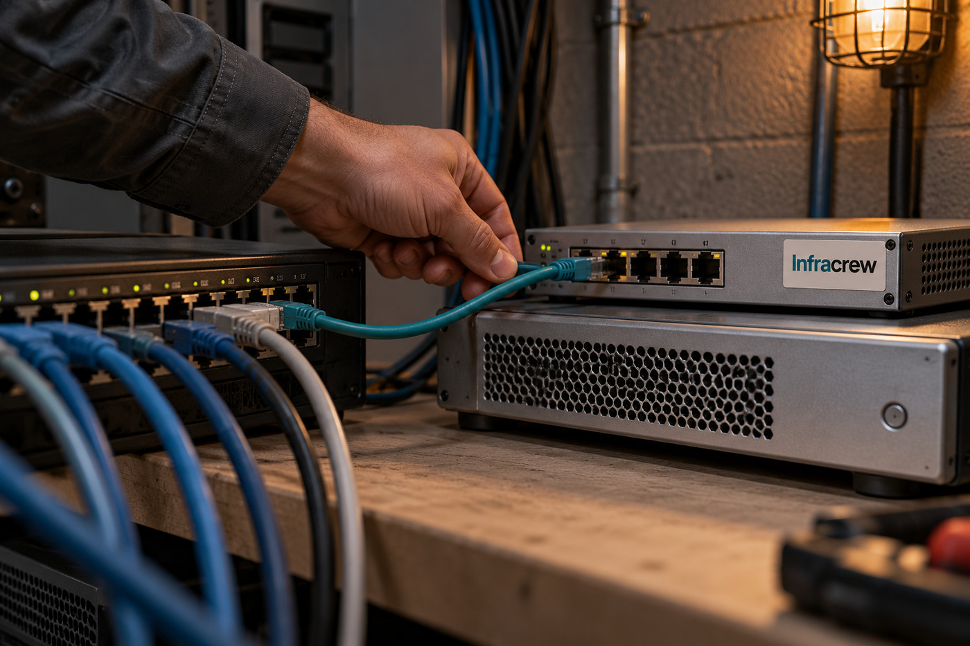 Una mano conecta un cable teal a un switch de gestión separado junto a un appliance compacto; la etiqueta clara del switch muestra el wordmark Infracrew.