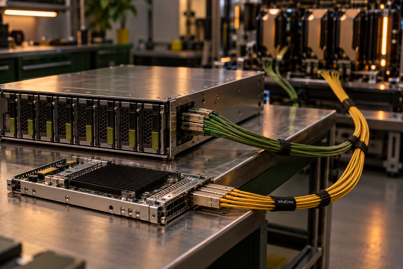 Módulo de almacenamiento y controlador separados sobre una mesa de pruebas, conectados por haces de fibra óptica verdes y ámbar; ilustra la separación de metadatos y datos de Novus.