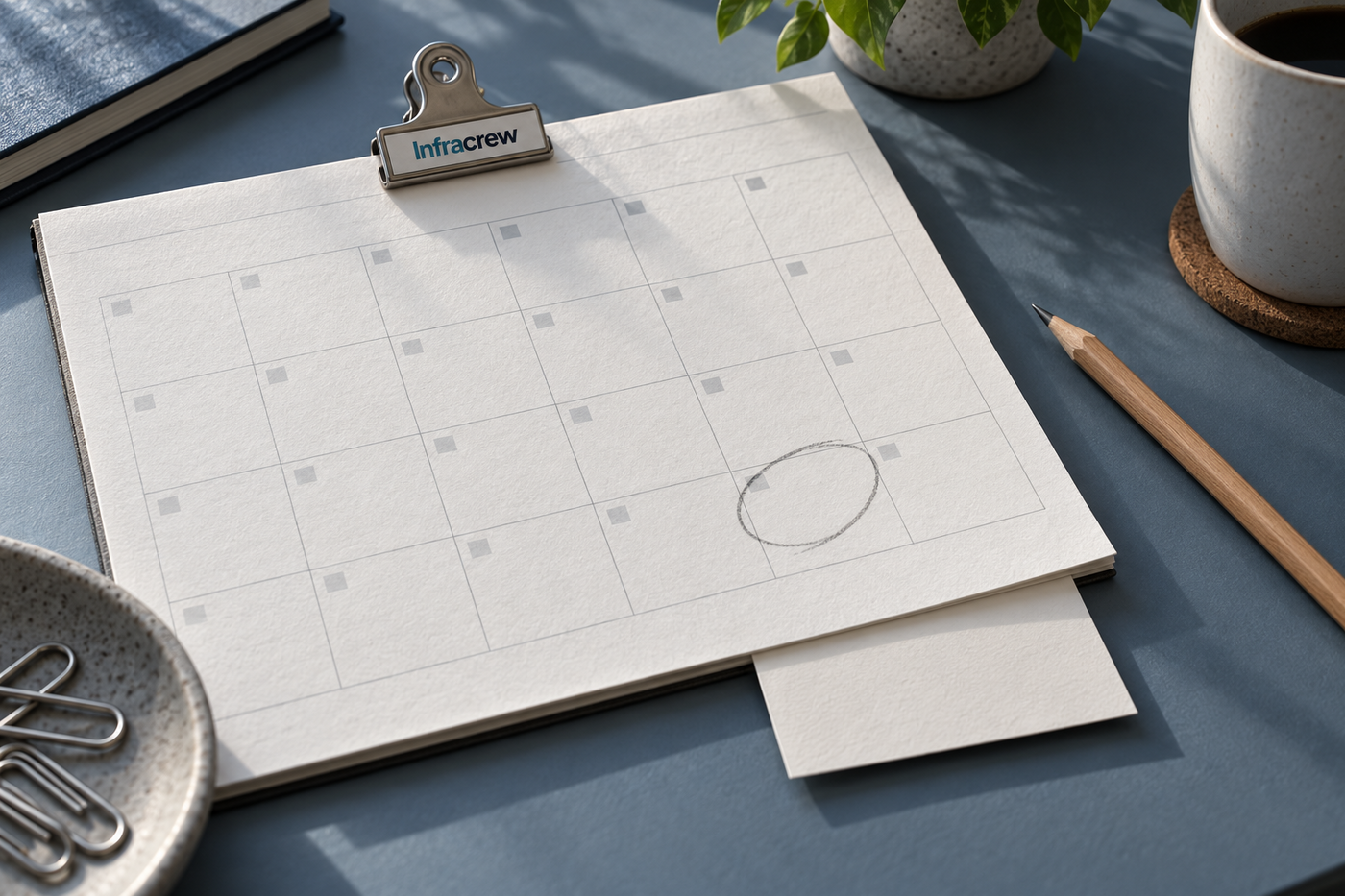 Calendario de mantenimiento físico con una casilla de fin de mes marcada a lápiz y una pinza rotulada Infracrew.