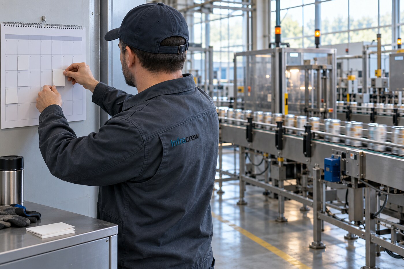 Un técnico mueve una tarjeta de calendario de mantenimiento en una planta industrial con una línea de producción en marcha; el wordmark Infracrew está bordado en su chaqueta.