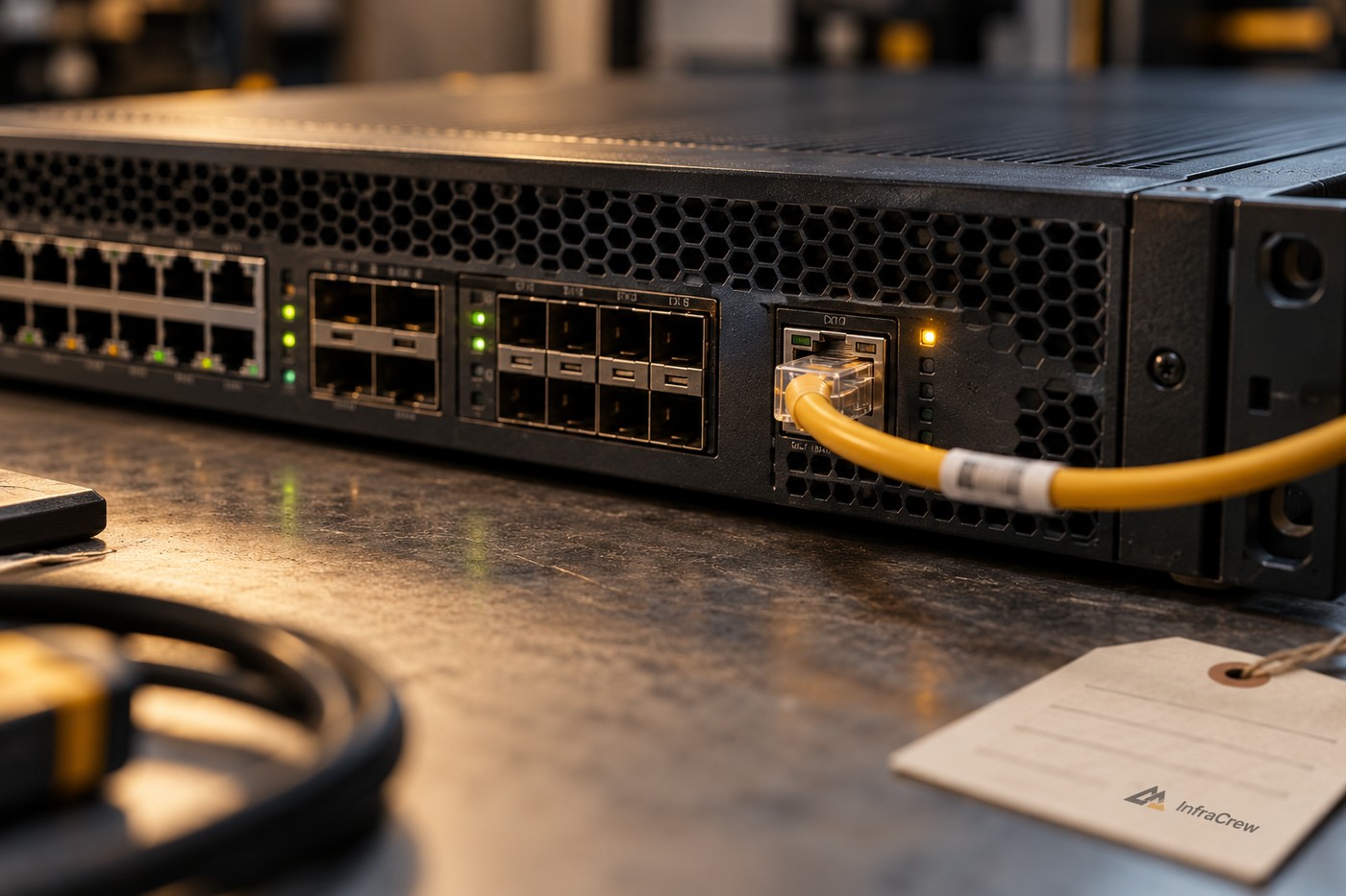 Primer plano de un appliance de red con un cable conectado a un puerto de gestión y una etiqueta InfraCrew sobre la mesa.
