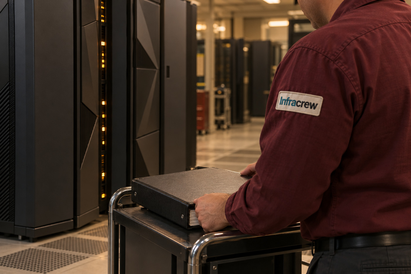 Un técnico revisa un archivador cerrado junto a un armario de mainframe en una sala de operaciones; la manga lleva un parche bordado con la marca Infracrew.