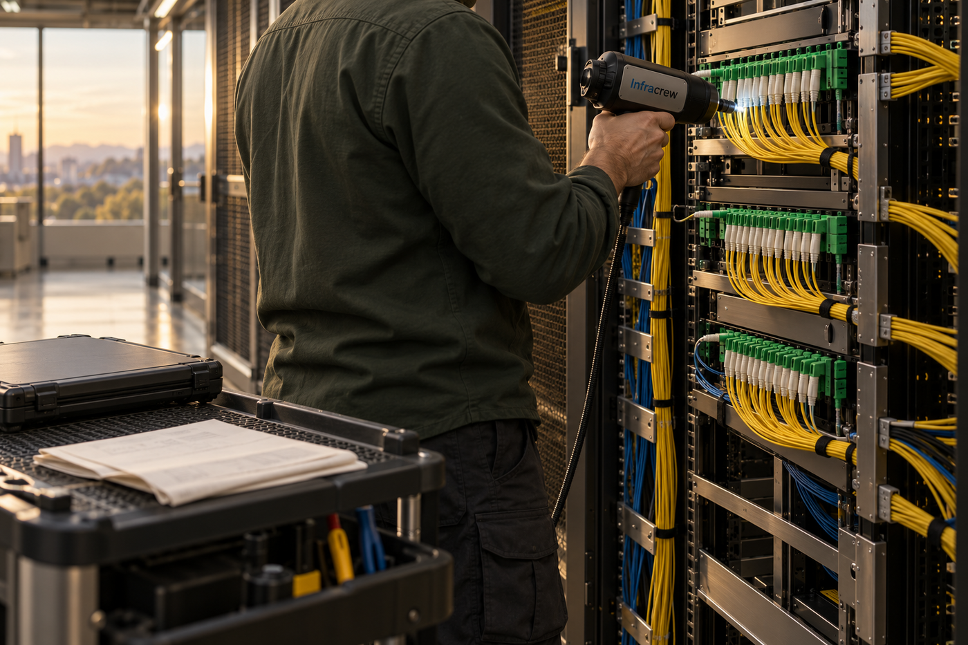 Un técnico de operaciones inspecciona una conexión de fibra con un instrumento manual junto a un panel de parcheo; una hoja de cambio y un portátil cerrado esperan en el carro, y el instrumento lleva la marca Infracrew.