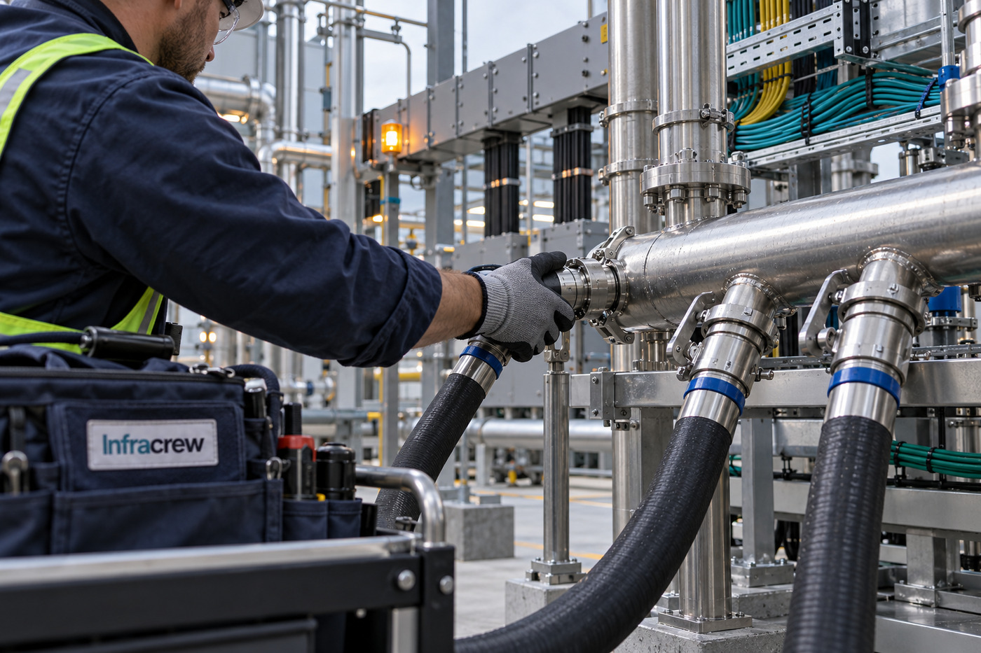 Un técnico conecta una manguera de refrigeración a un colector metálico en una sala de ingeniería; la bolsa de herramientas lleva una etiqueta Infracrew.