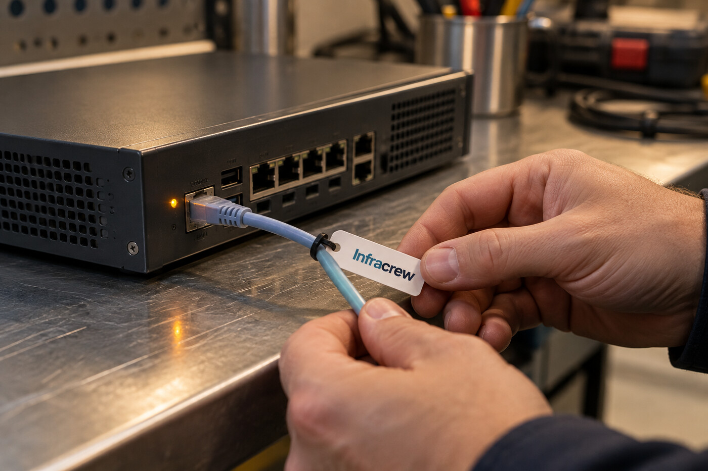 Manos de técnico revisan una etiqueta de mantenimiento junto a un cable conectado a un firewall sobre un banco metálico.