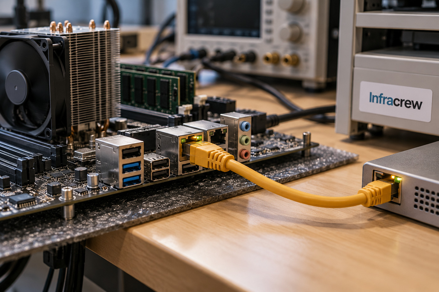 Primer plano de una placa de servidor en un banco de pruebas, con un cable Ethernet conectado y una etiqueta Infracrew impresa en el equipo de ensayo.