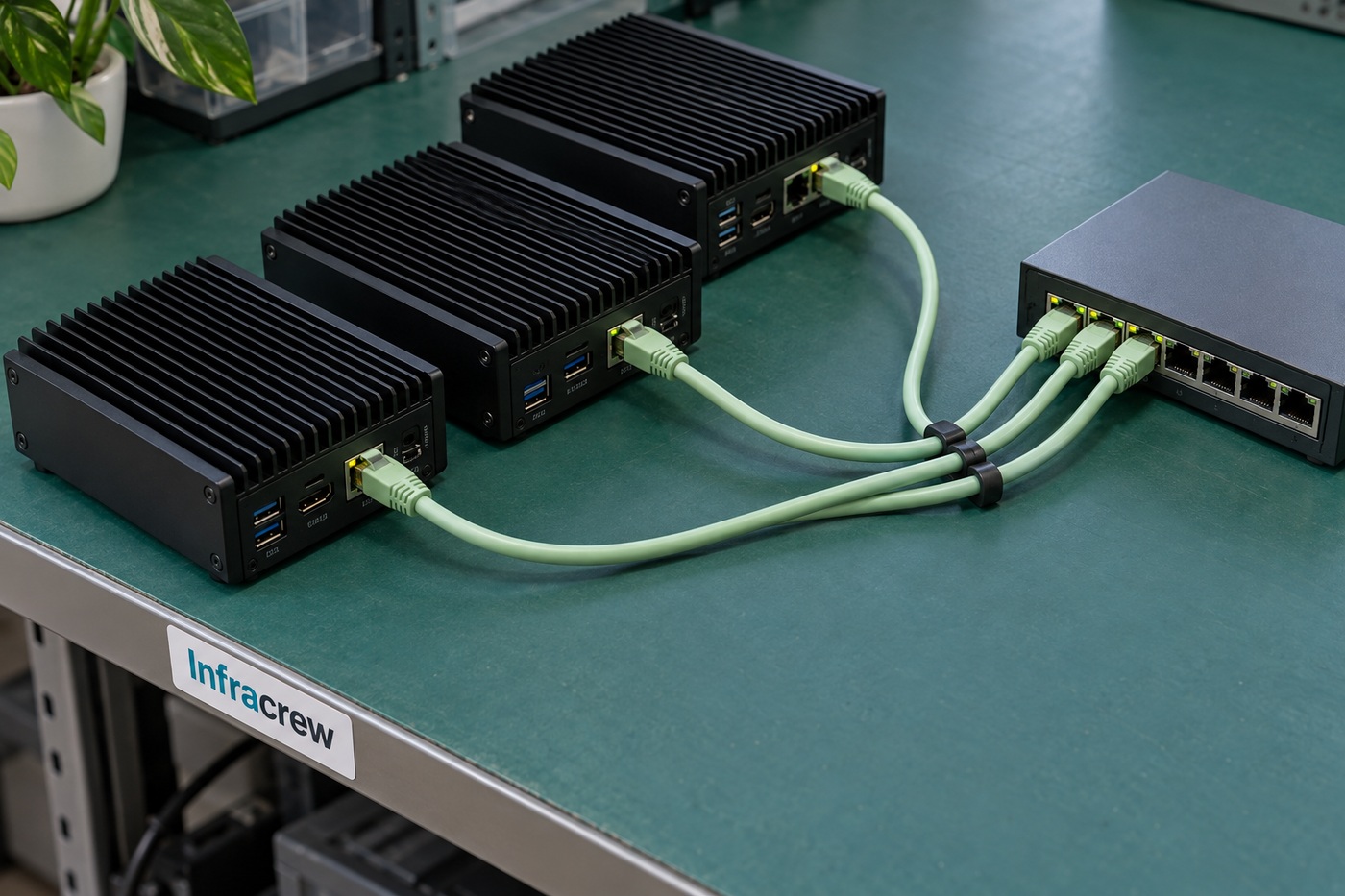 Tres nodos compactos conectados a un switch sobre una mesa de pruebas con etiqueta Infracrew.