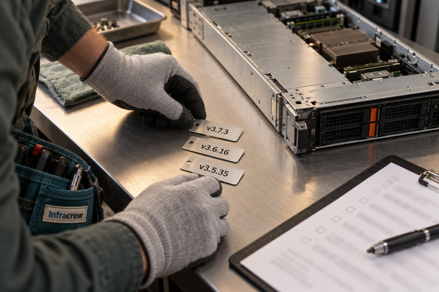 Dos manos enguantadas colocan tres placas con las versiones etcd v3.7.3, v3.6.16 y v3.5.35 en una mesa de servicio junto a una bandeja de servidor; el bolsillo del técnico lleva una etiqueta Infracrew.
