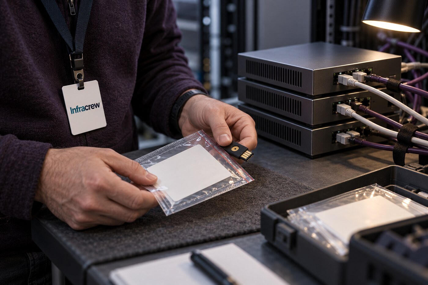 En un banco de servicio, un técnico sostiene una memoria USB y revisa una bolsa de documentación ante tres appliances conectados; su acreditación muestra Infracrew.