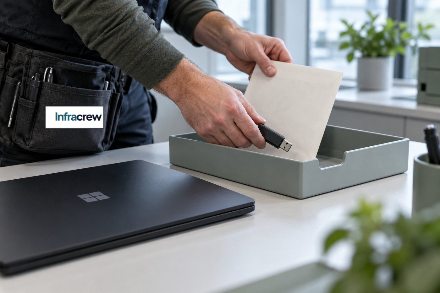 Un técnico coloca un archivo y una memoria USB en una bandeja de revisión junto a un portátil cerrado; el wordmark Infracrew figura en una etiqueta clara de la bolsa de herramientas.