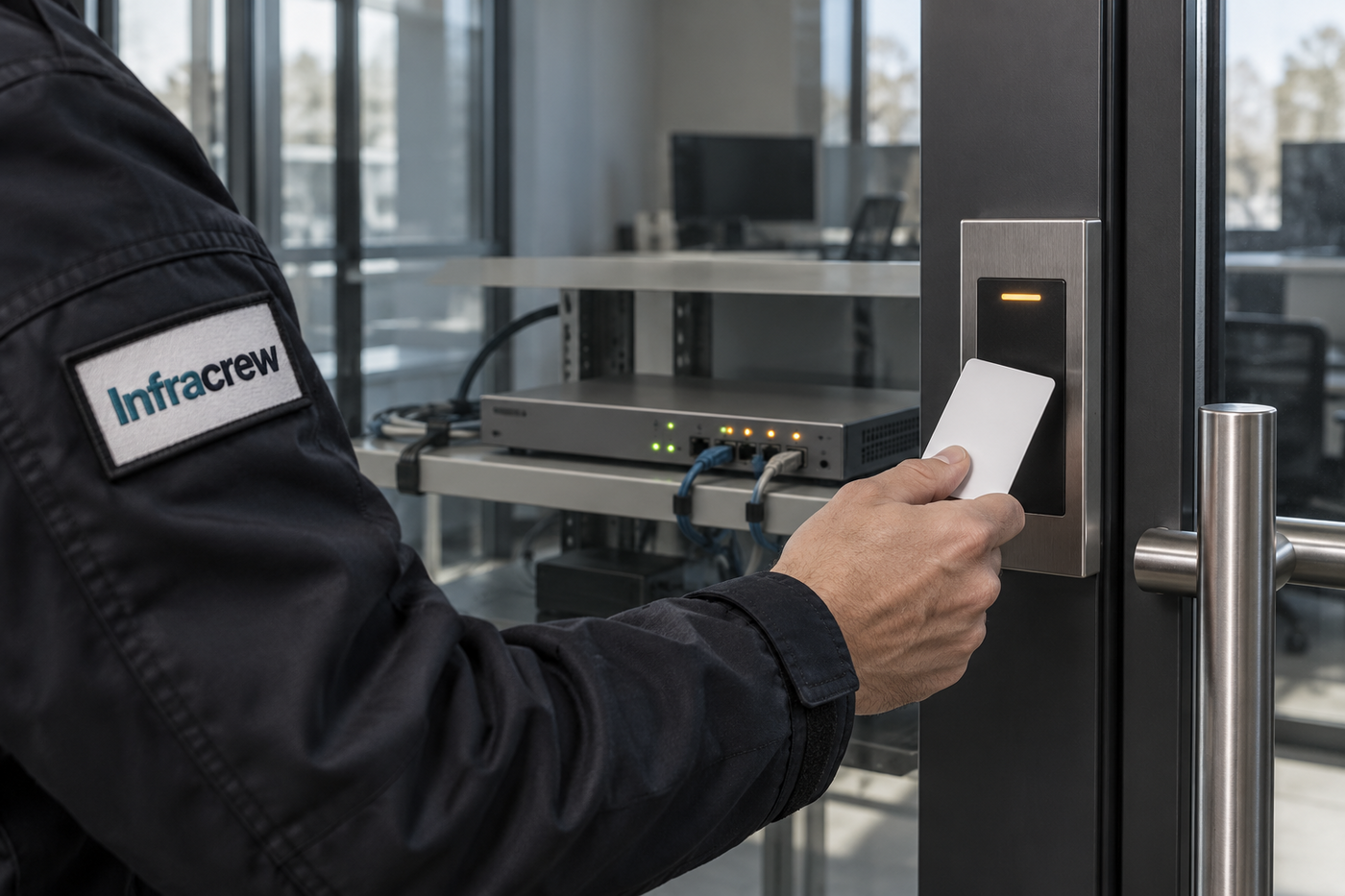 Mano de técnico presenta una credencial ante el lector de acceso a una sala de red; detrás, un appliance SD-WAN con puertos y luces de estado. En la manga lleva un parche cosido con el wordmark Infracrew.