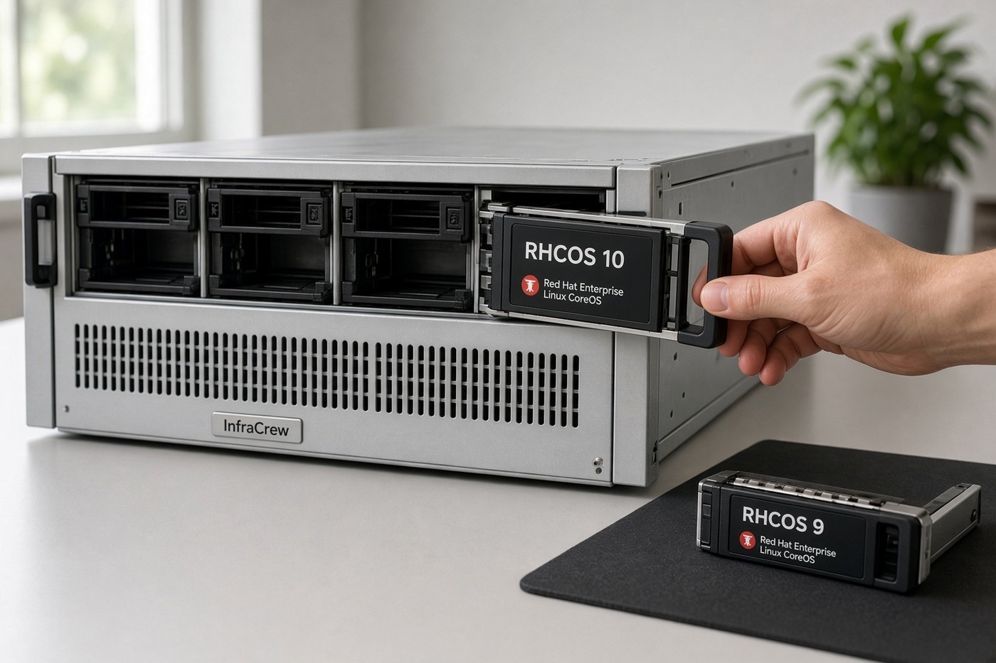 Nodo OpenShift al que se inserta un disco RHCOS 10 mientras el disco RHCOS 9 espera en la mesa, con placa InfraCrew en el rail.