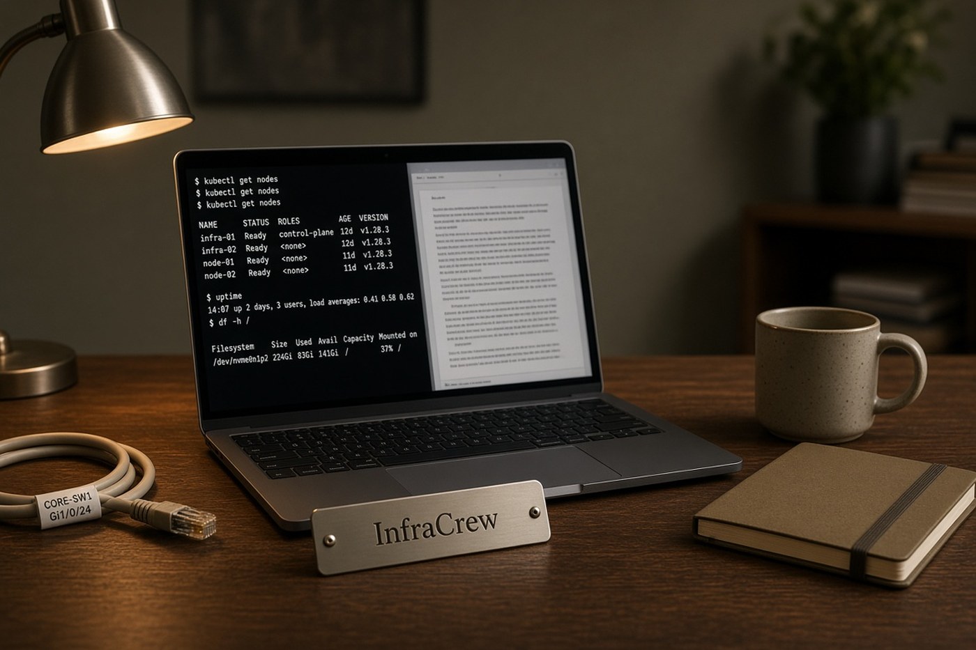 Mesa de administración con un portátil que muestra el estado de un clúster, un cable de parche etiquetado y una pequeña placa metálica de InfraCrew apoyada en el portátil.