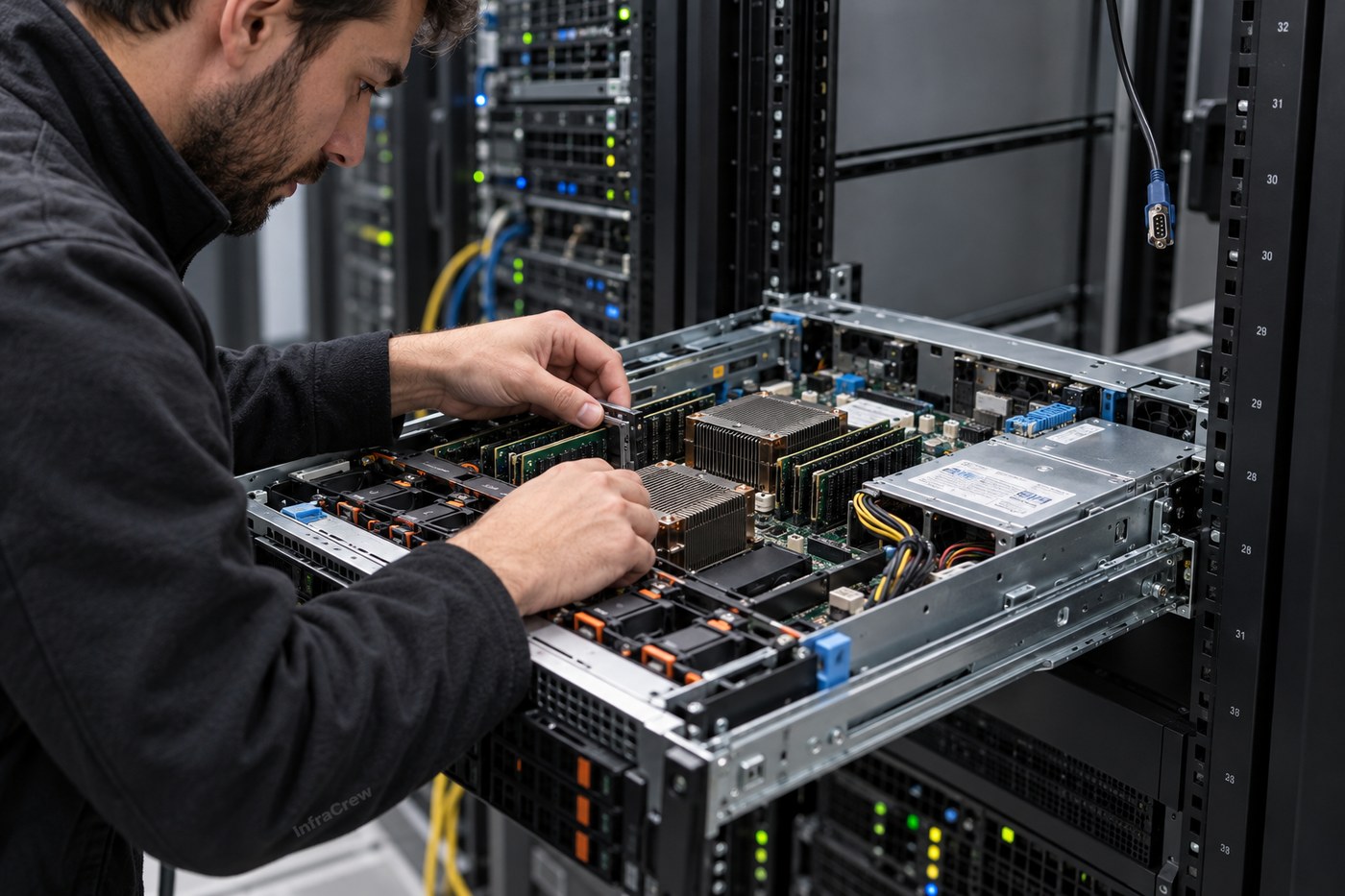 Técnico examina el interior de un host de virtualización abierto en laboratorio; InfraCrew se ve discretamente en el bajo de la manga.