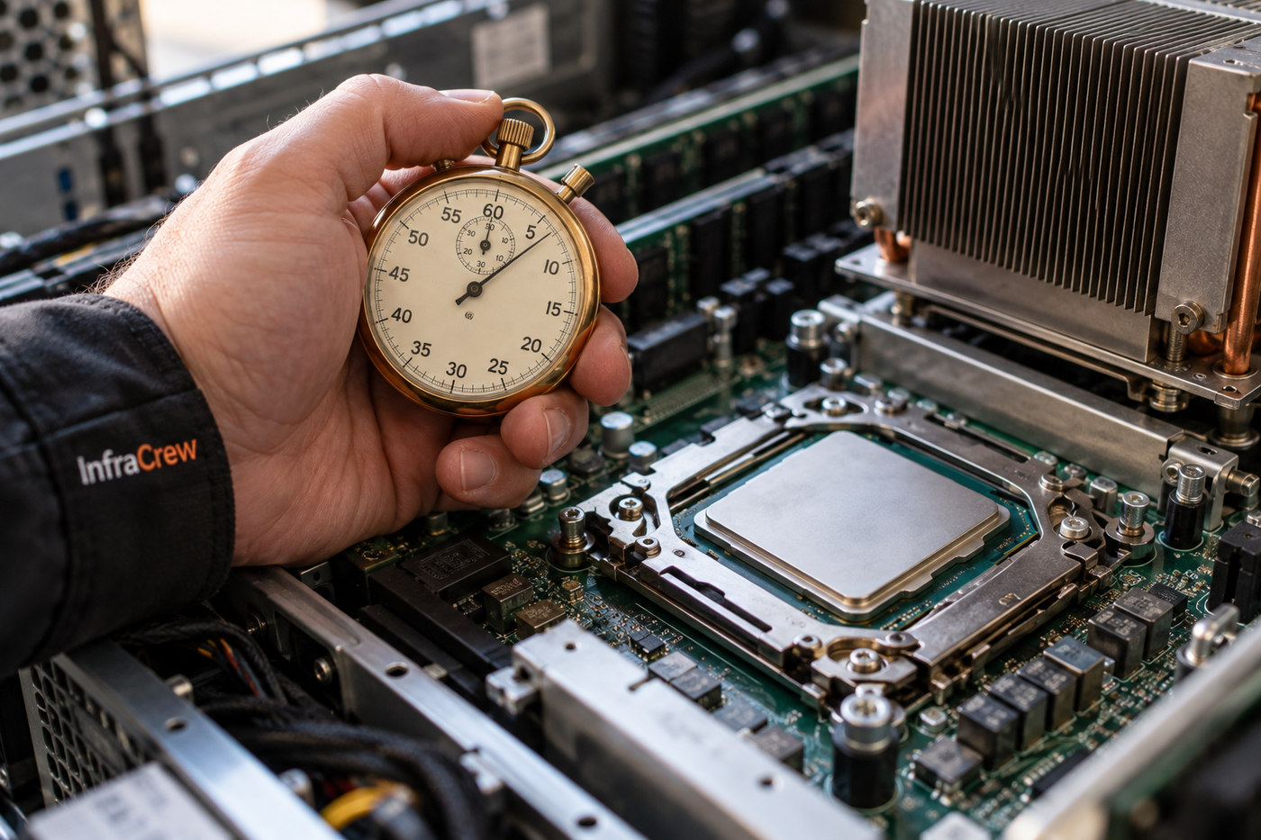 Una mano con distintivo InfraCrew sostiene un cronómetro junto al procesador expuesto y el disipador de un servidor, aludiendo al tiempo de espera de CPU.