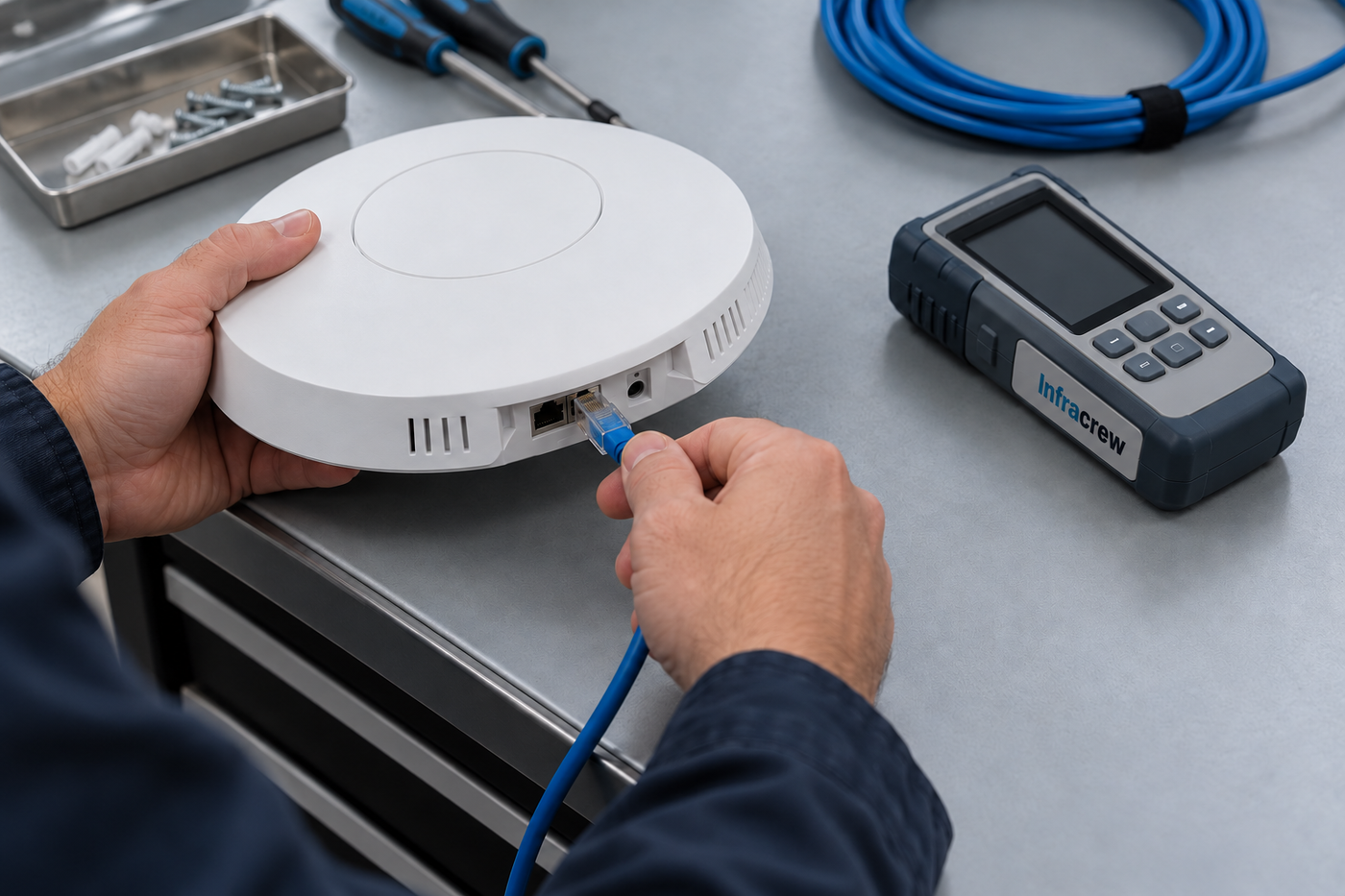 Las manos de una persona conectan un cable Ethernet a un punto de acceso Wi-Fi junto a un cable tester con la pantalla apagada; el wordmark Infracrew está impreso en una etiqueta lateral del instrumento.
